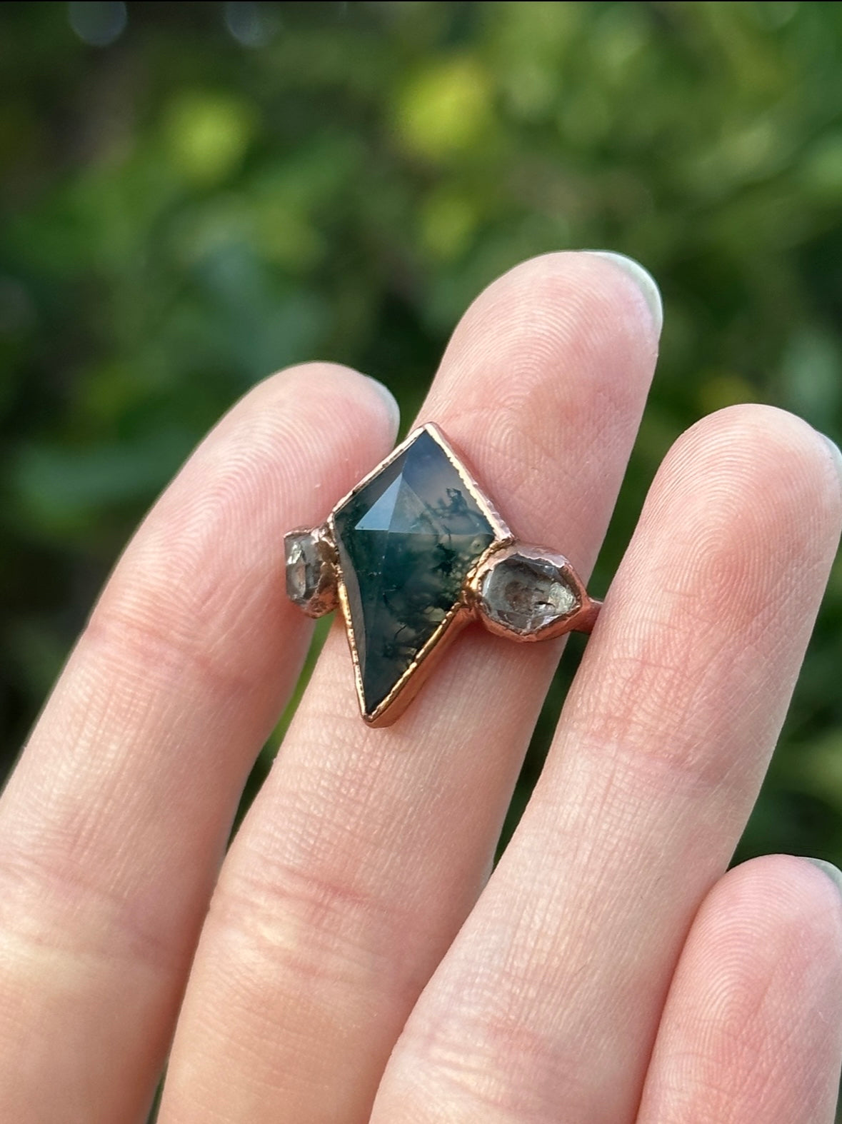 Moss Agate and Herkimer Diamond ring