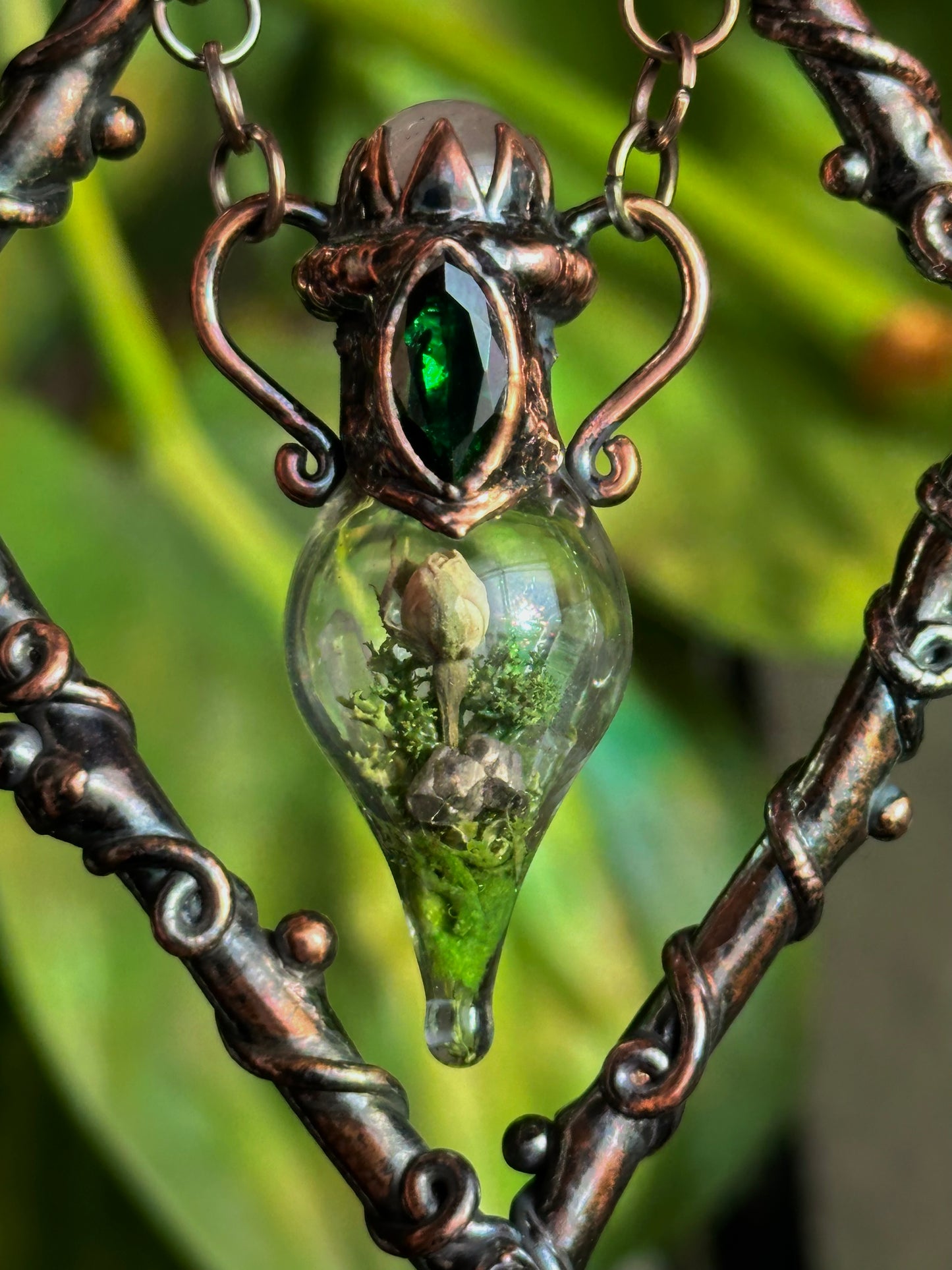 Emerald Ruby Rose Forest Terrarium Amulet