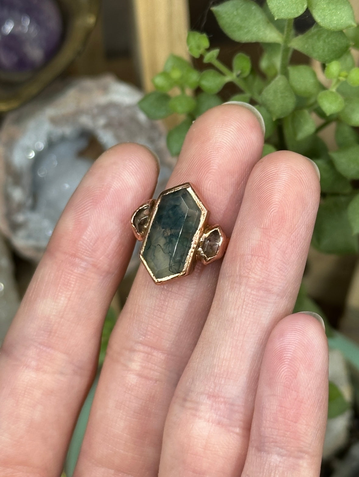 Moss Agate and Herkimer Diamond ring