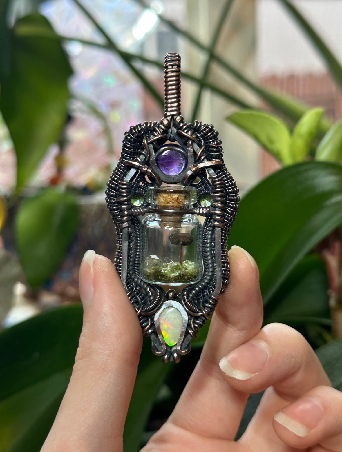 Opal, Amethyst, and Peridot Mushroom Terrarium amulet