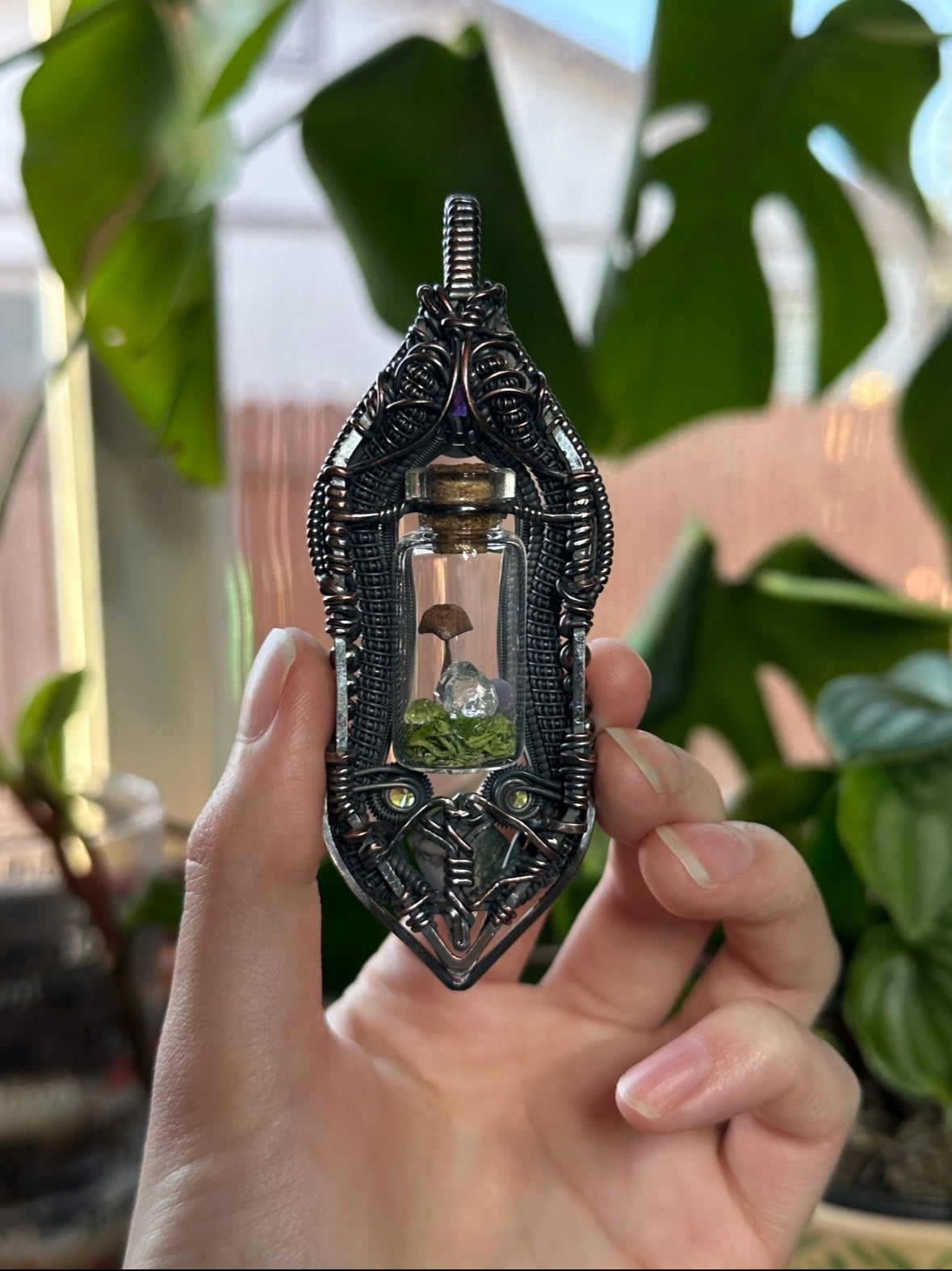 Moss agate, Peridot, and Amethyst Mushroom Terrarium Amulet