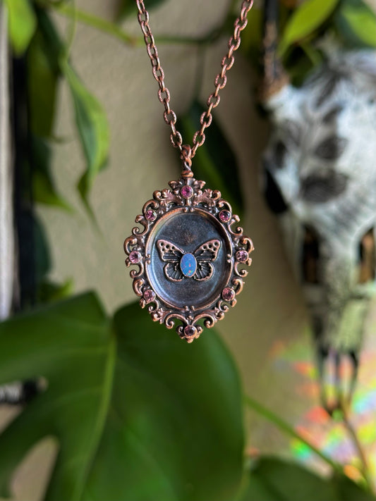 Opal Butterfly Antique Frame Pendant