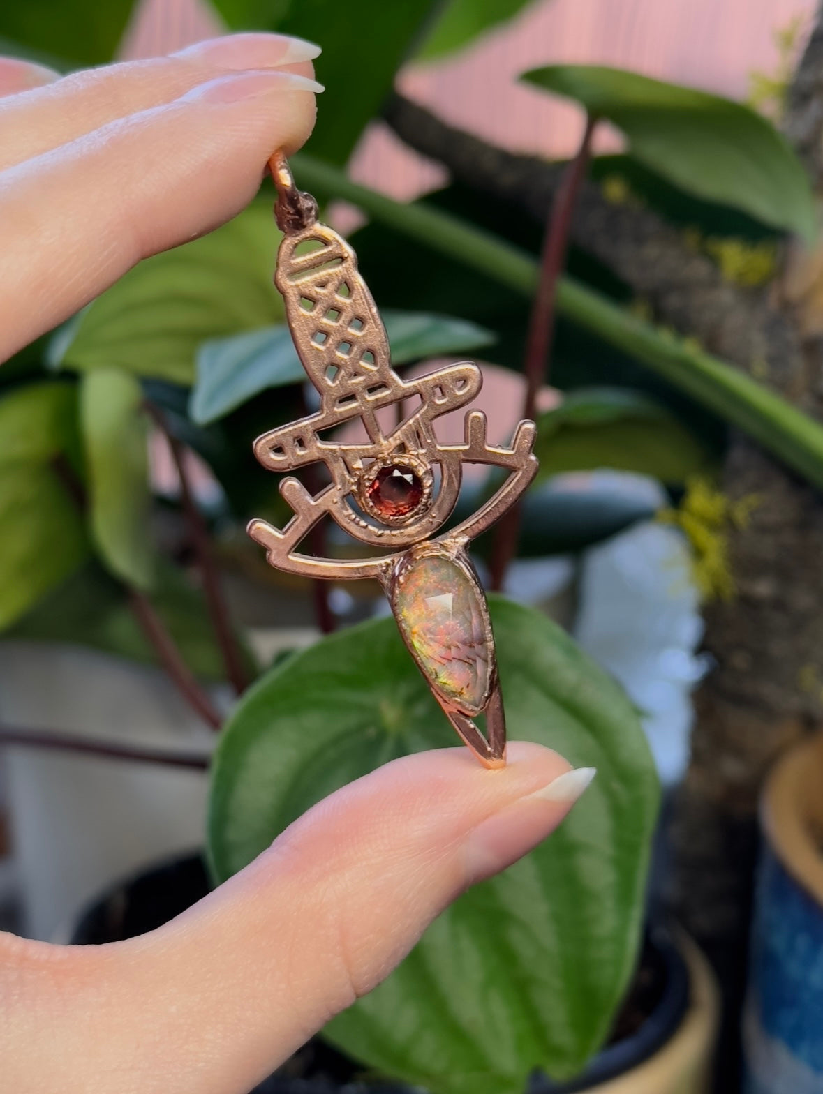 Garnet and Sterling Opal Copper Dagger Pendant
