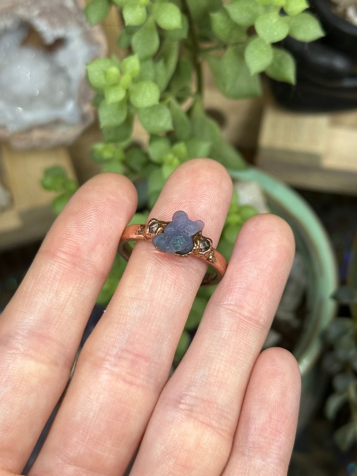 Grape Agate and Herkimer Diamond ring