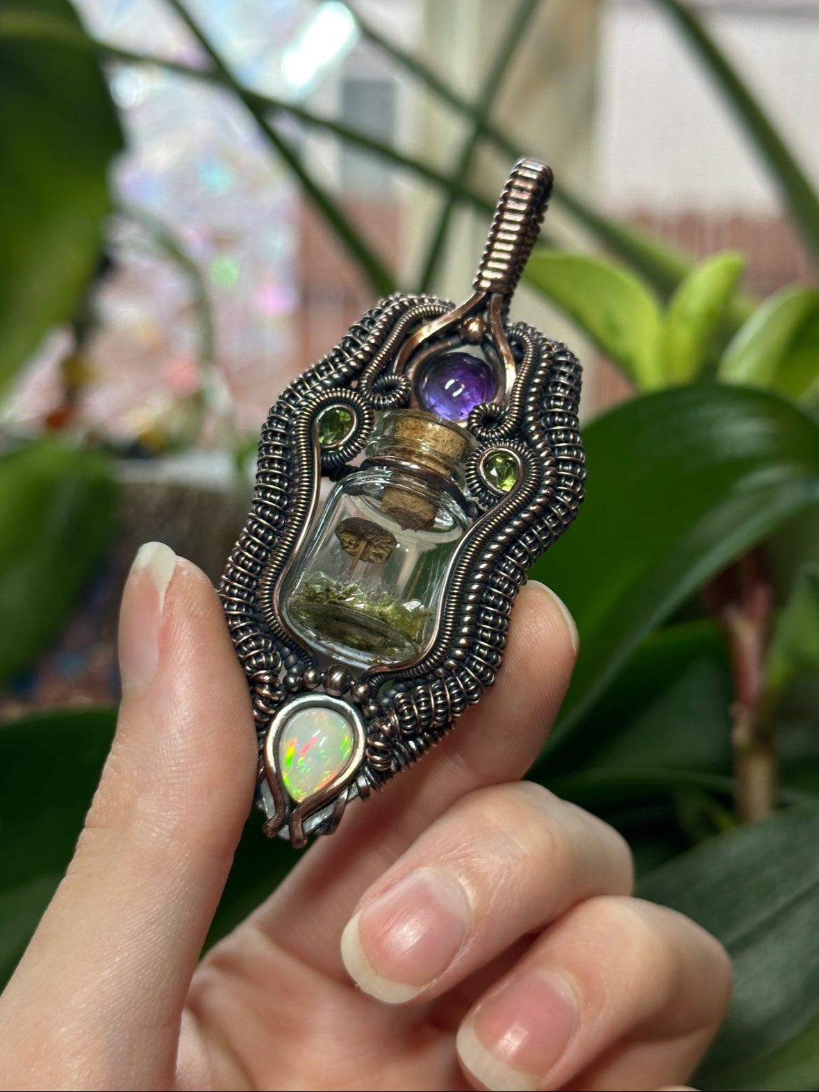 Opal, Amethyst, and Peridot Mushroom Terrarium amulet