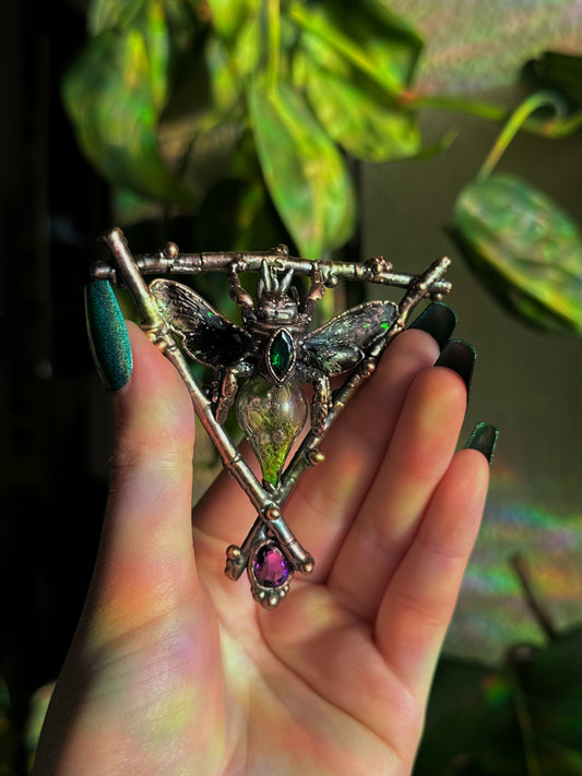 Carpenter Bee Terarrium Amulet (Emerald and Amethyst)