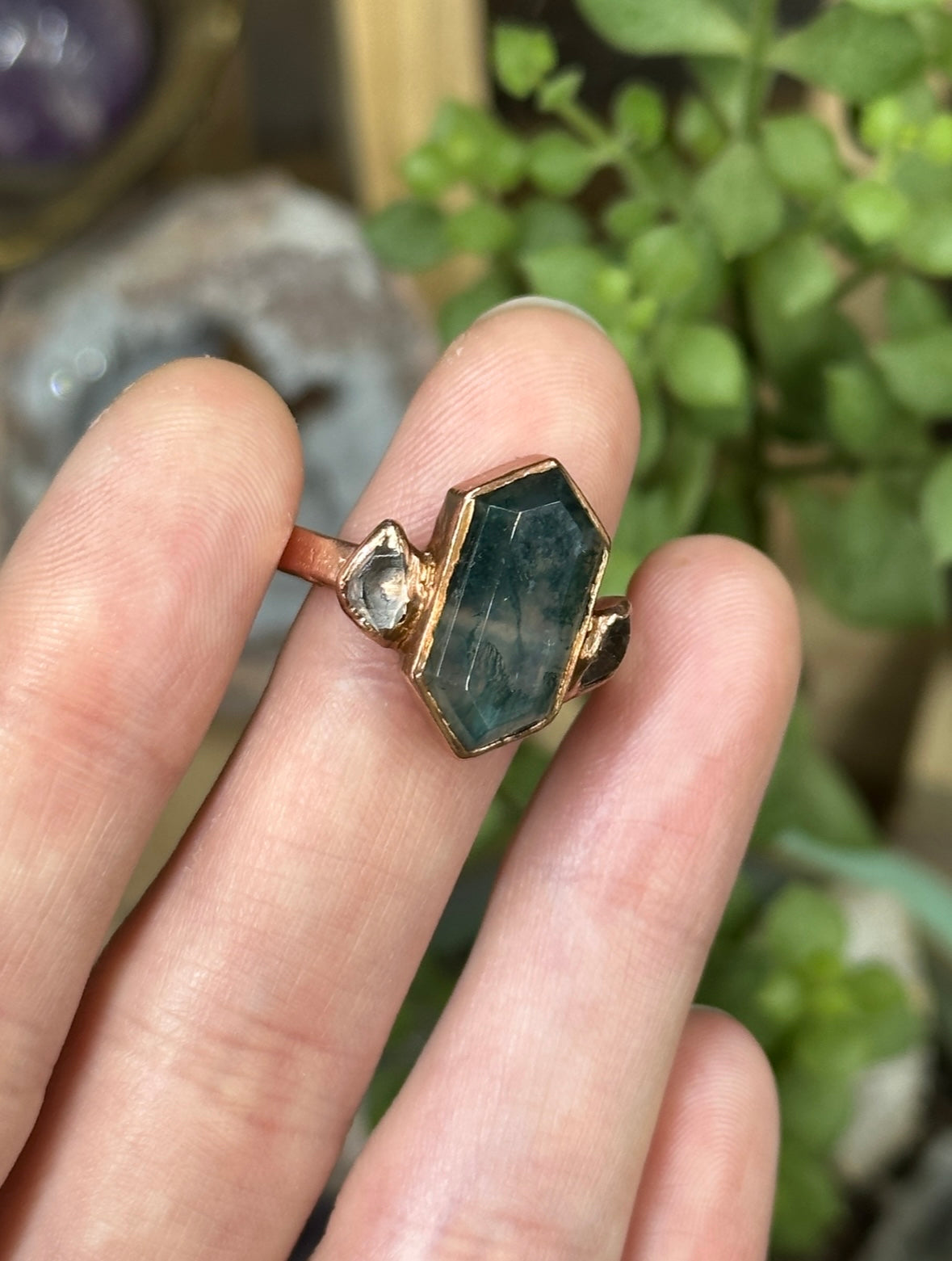 Moss Agate and Herkimer Diamond ring