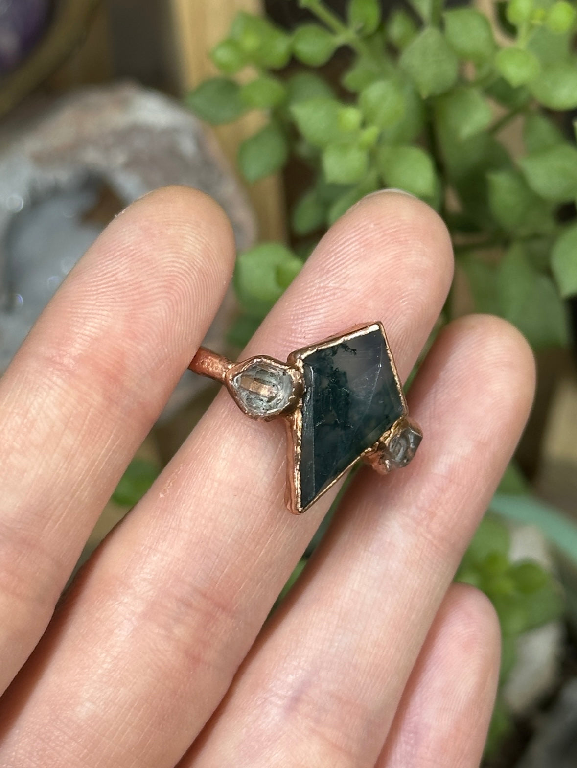 Moss Agate and Herkimer Diamond ring