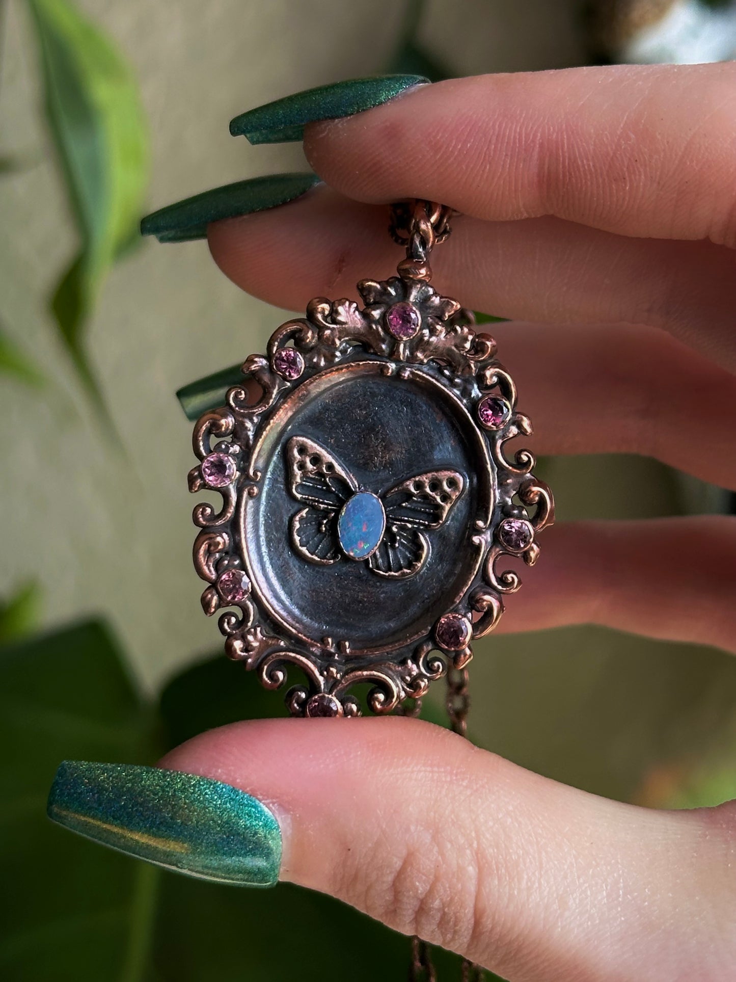 Opal Butterfly Antique Frame Pendant