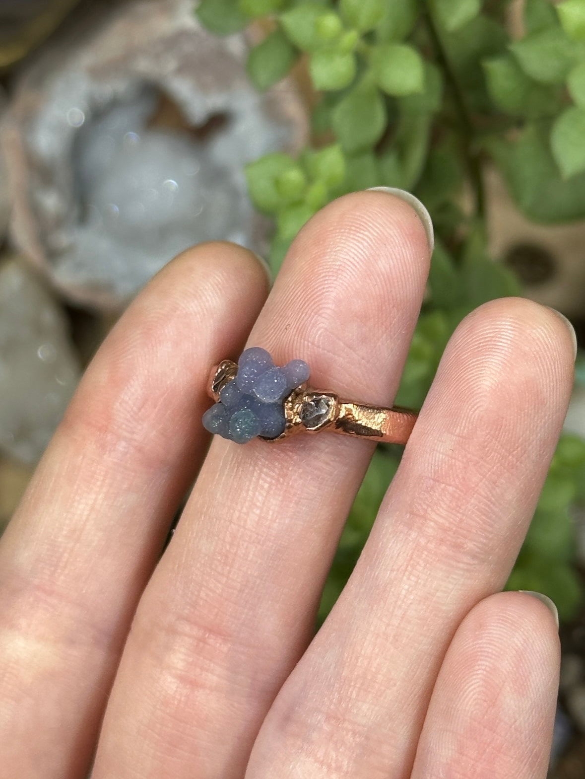 Grape Agate and Herkimer Diamond ring
