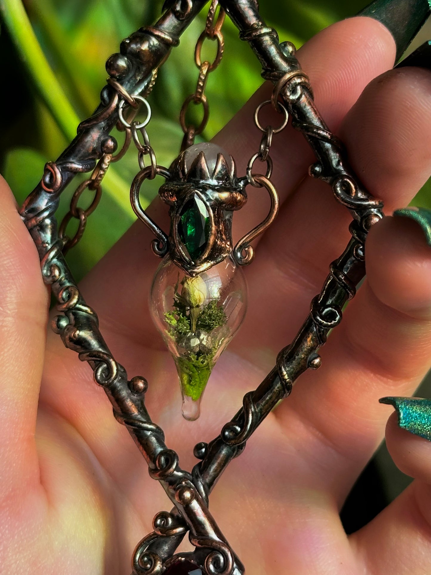 Emerald Ruby Rose Forest Terrarium Amulet