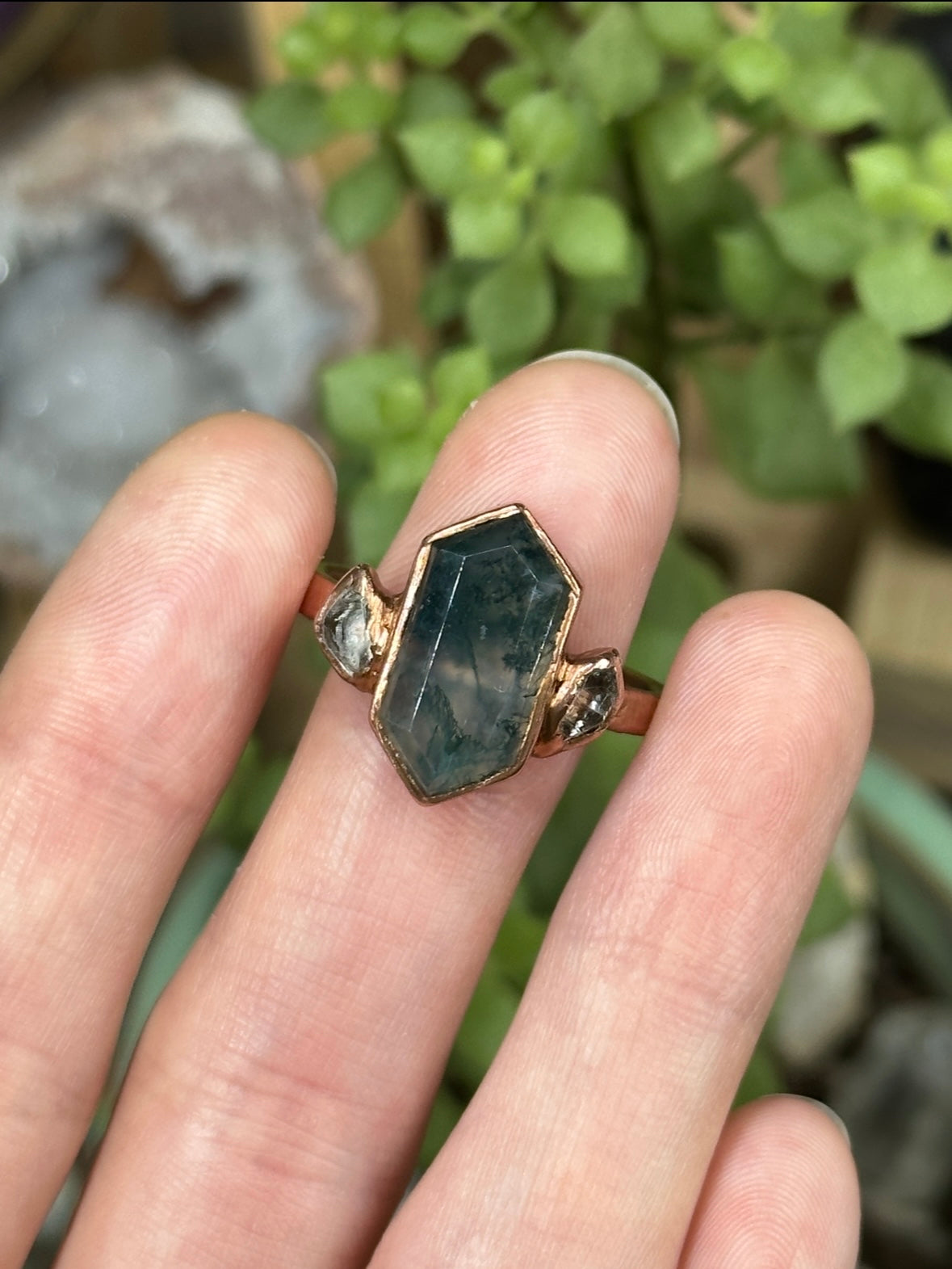 Moss Agate and Herkimer Diamond ring
