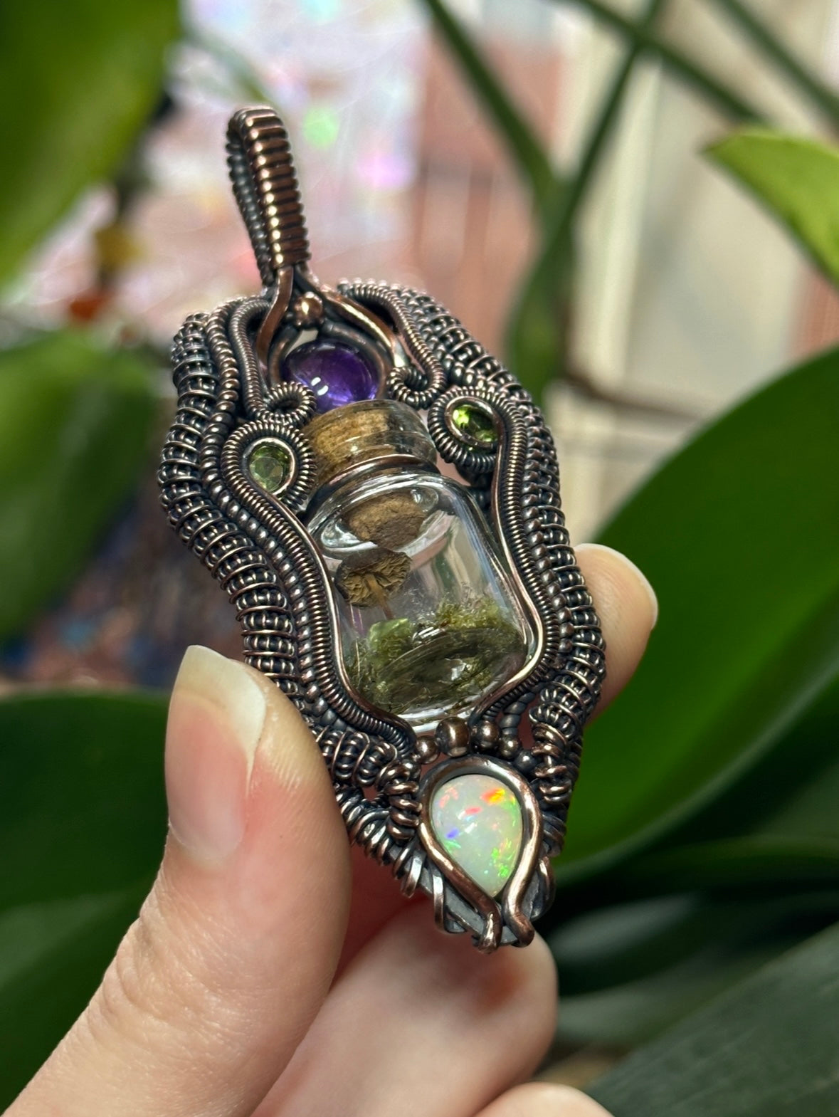 Opal, Amethyst, and Peridot Mushroom Terrarium amulet