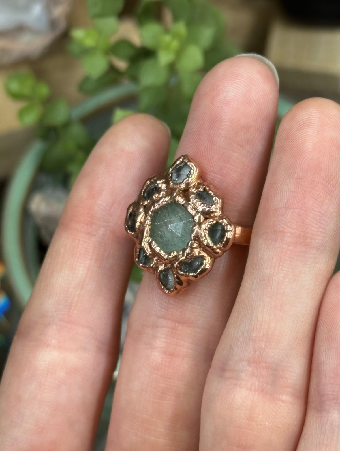 Amazonite, Golden Rutilated Quartz, and Herkimer Diamond ring