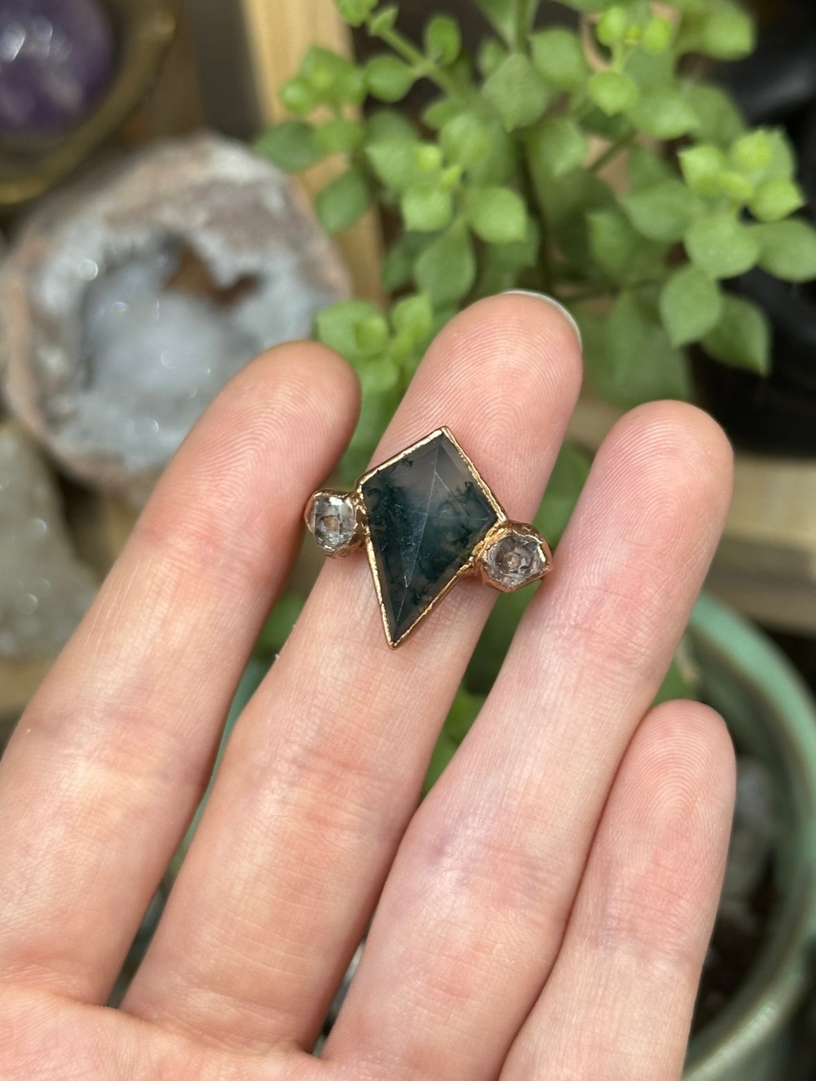 Moss Agate and Herkimer Diamond ring