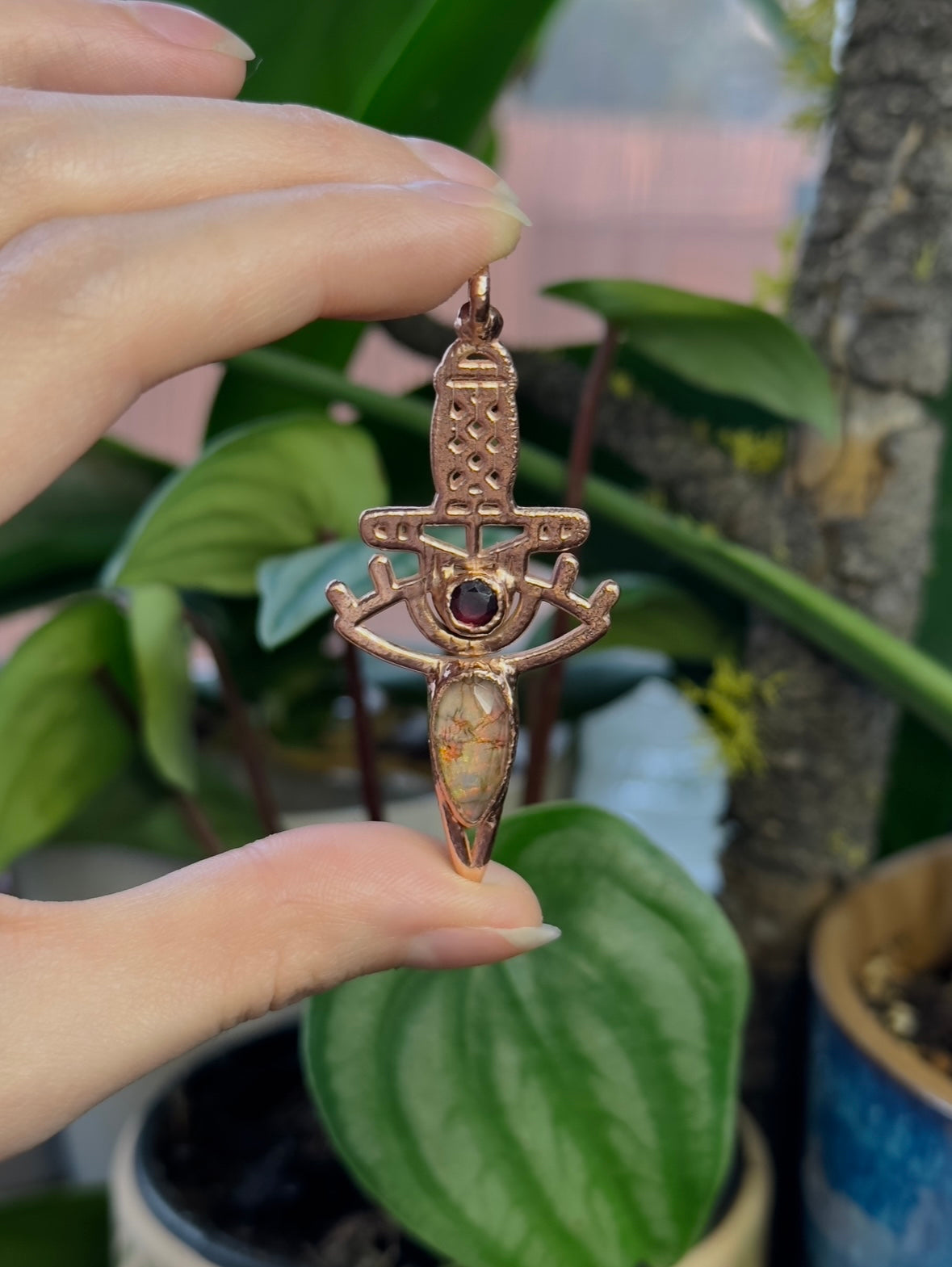 Garnet and Sterling Opal Copper Dagger Pendant