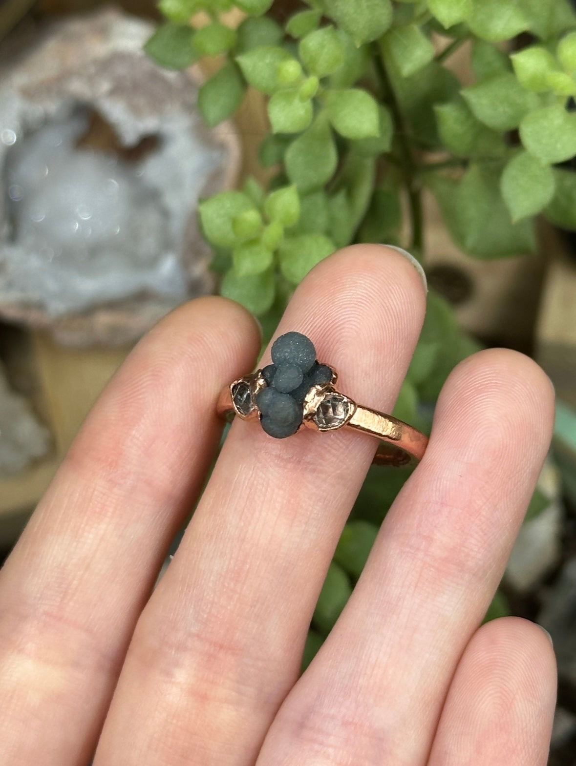Grape Agate and Herkimer Diamond ring