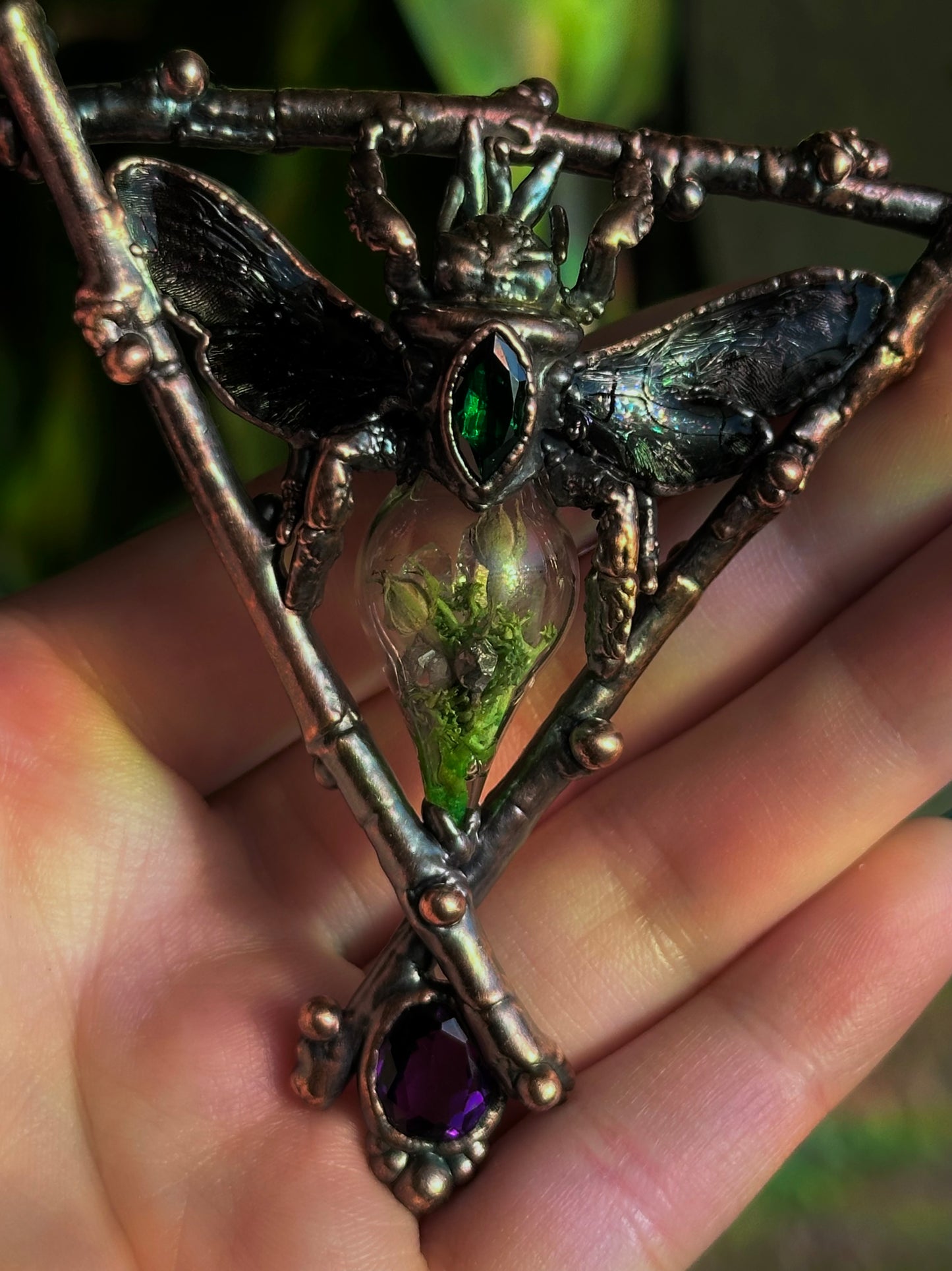 Carpenter Bee Terarrium Amulet (Emerald and Amethyst)