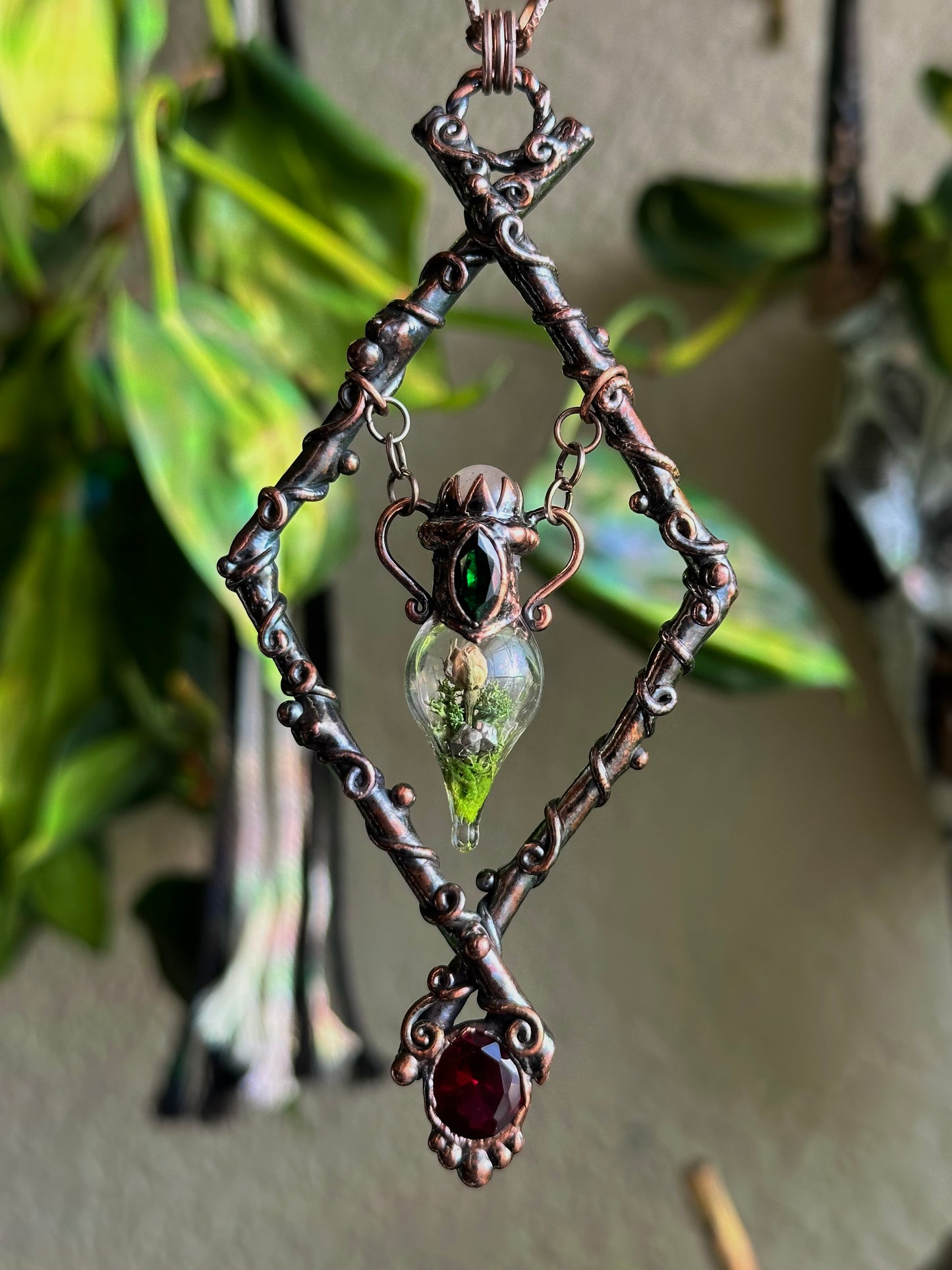 Emerald Ruby Rose Forest Terrarium Amulet
