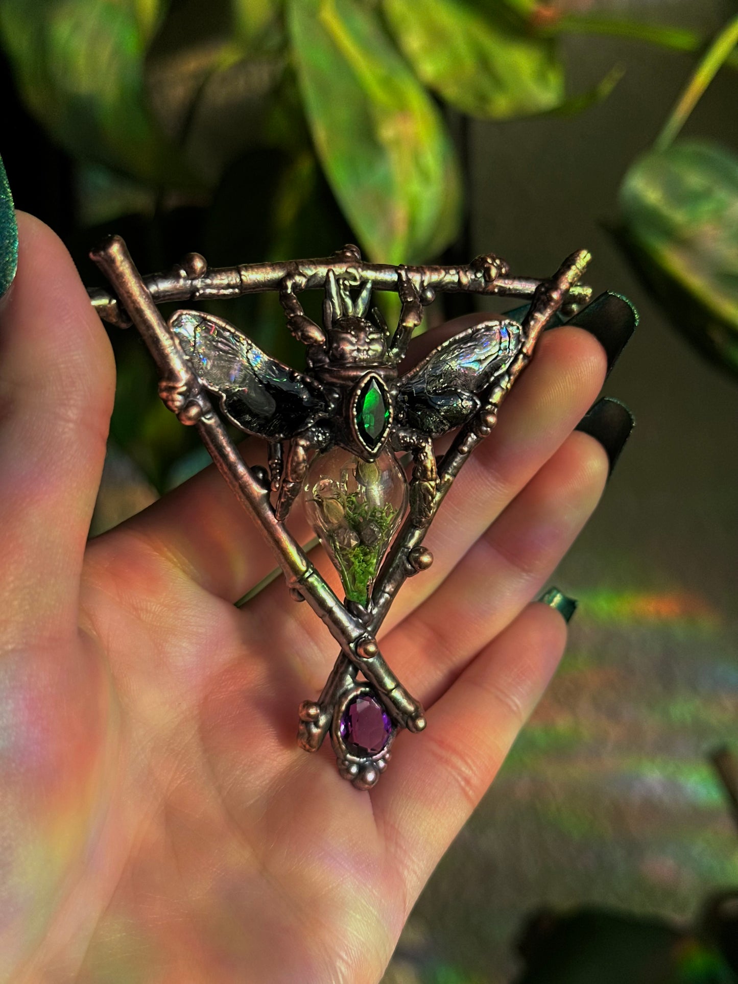 Carpenter Bee Terarrium Amulet (Emerald and Amethyst)