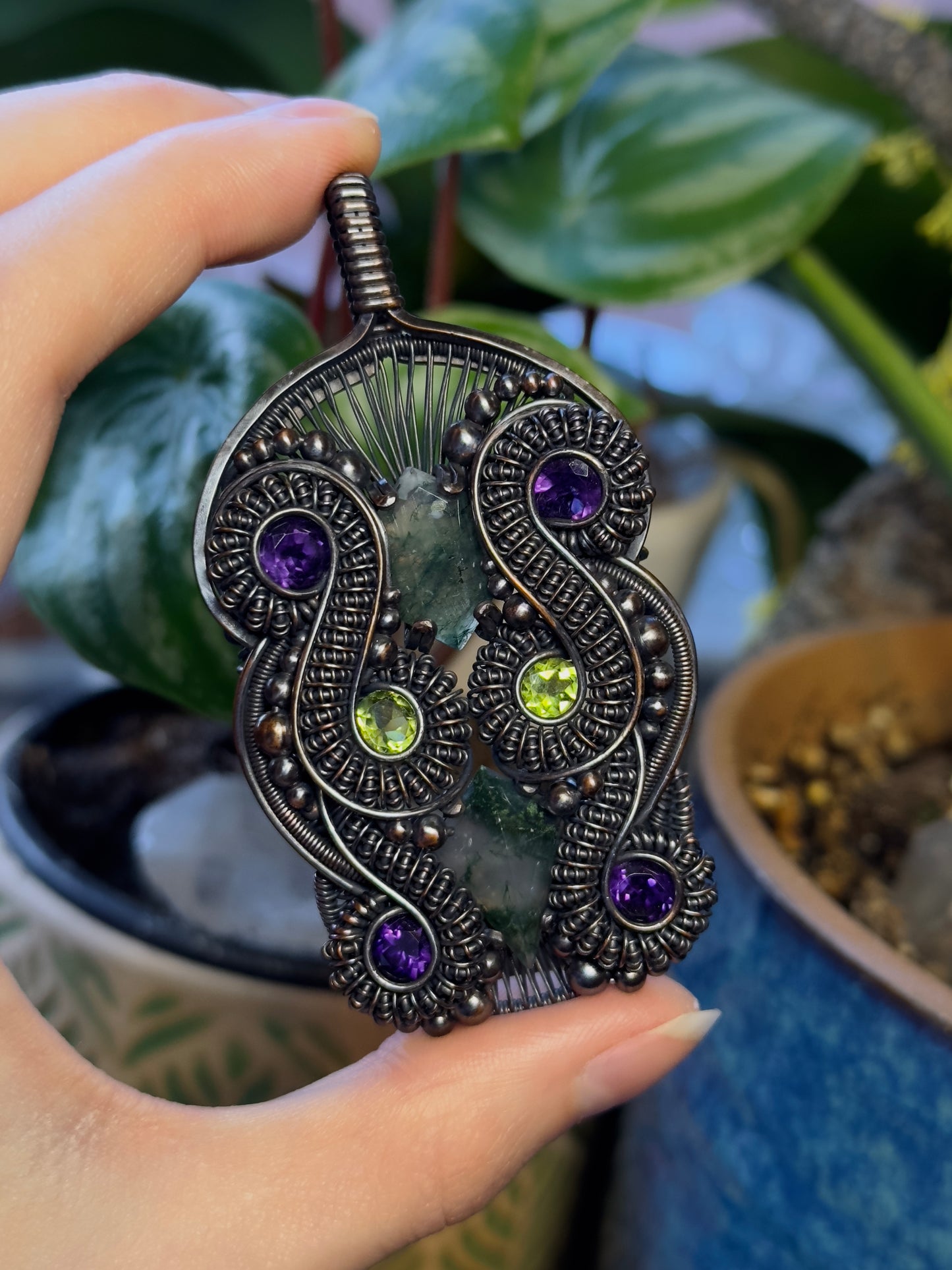 Moss Agate, Peridot, and Amethyst Amulet