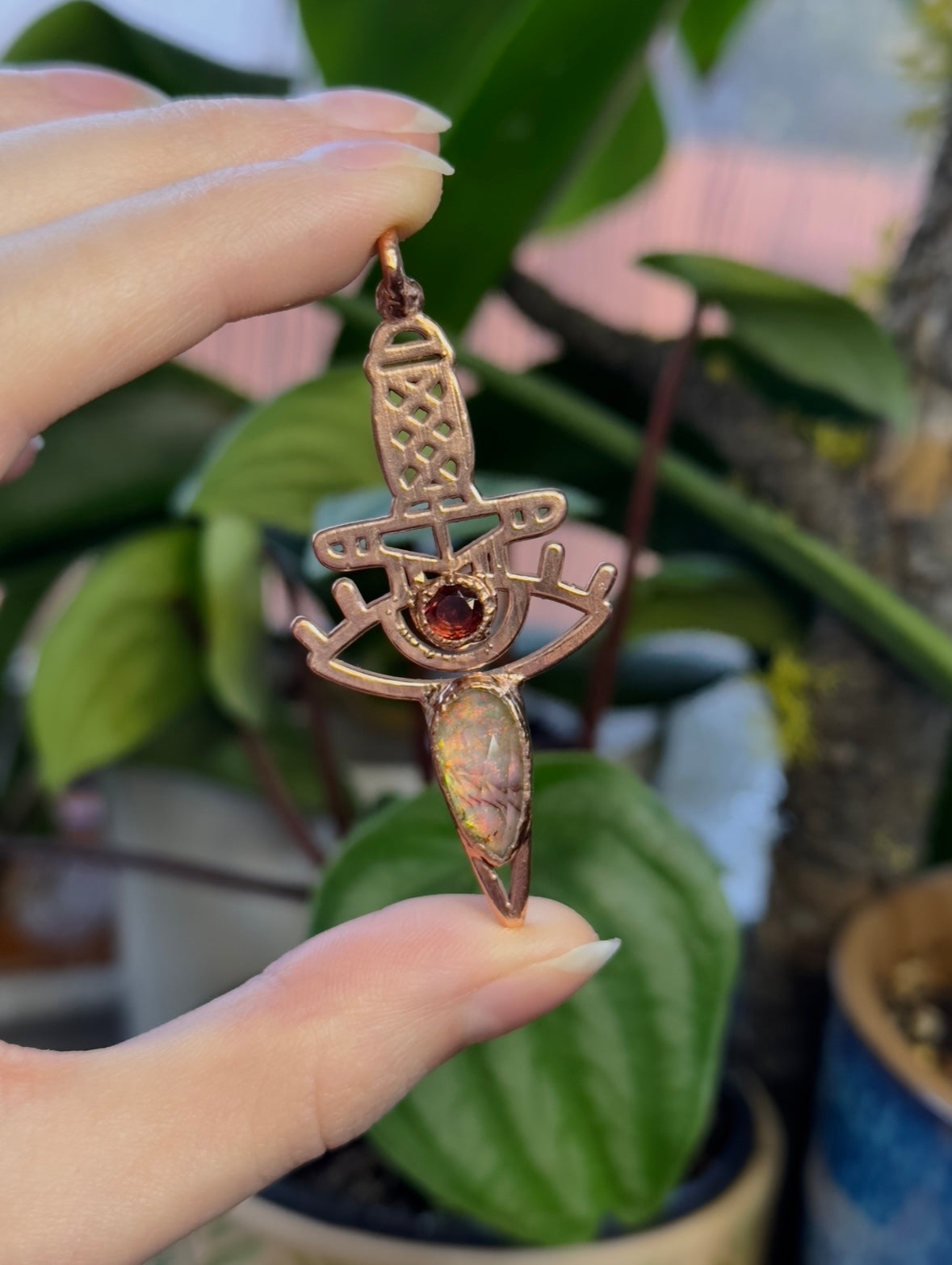 Garnet and Sterling Opal Copper Dagger Pendant