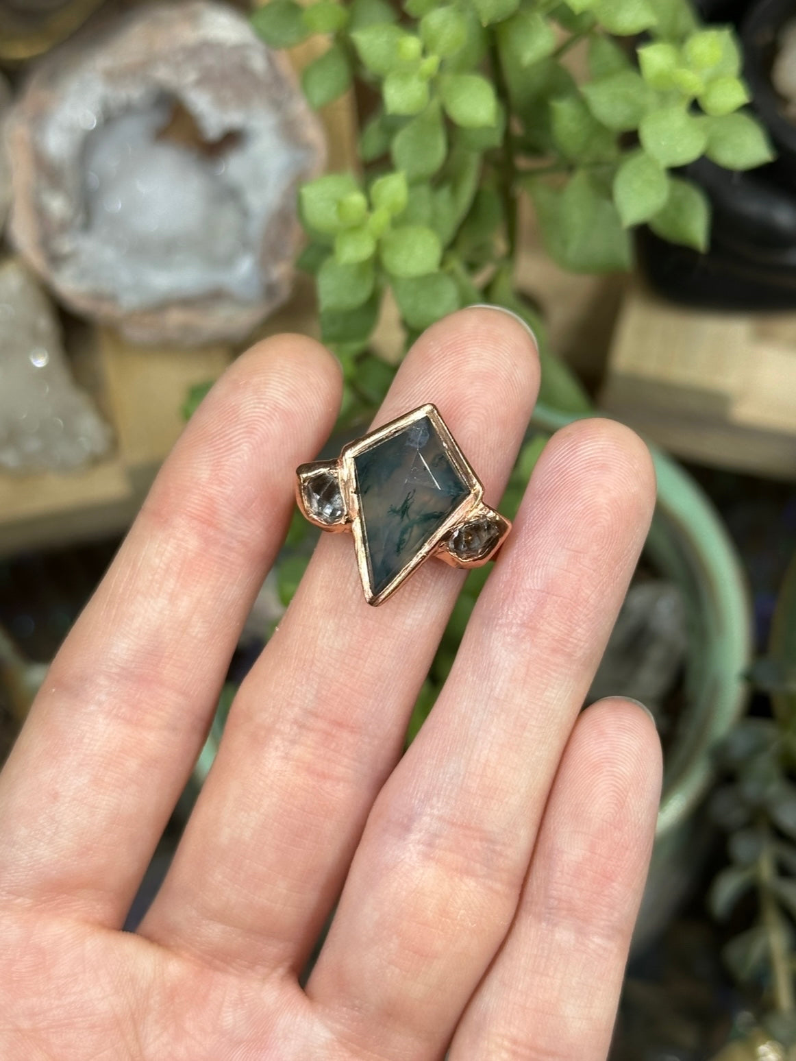 Moss Agate and Herkimer Diamond ring