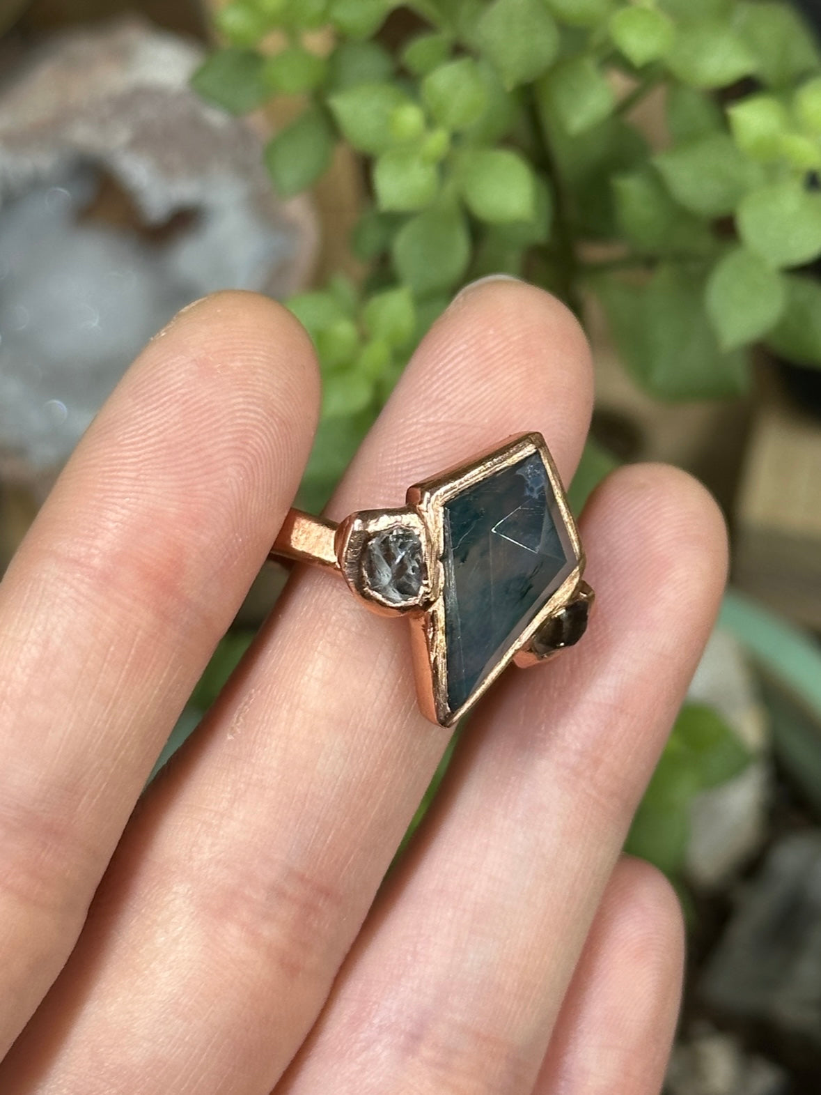 Moss Agate and Herkimer Diamond ring