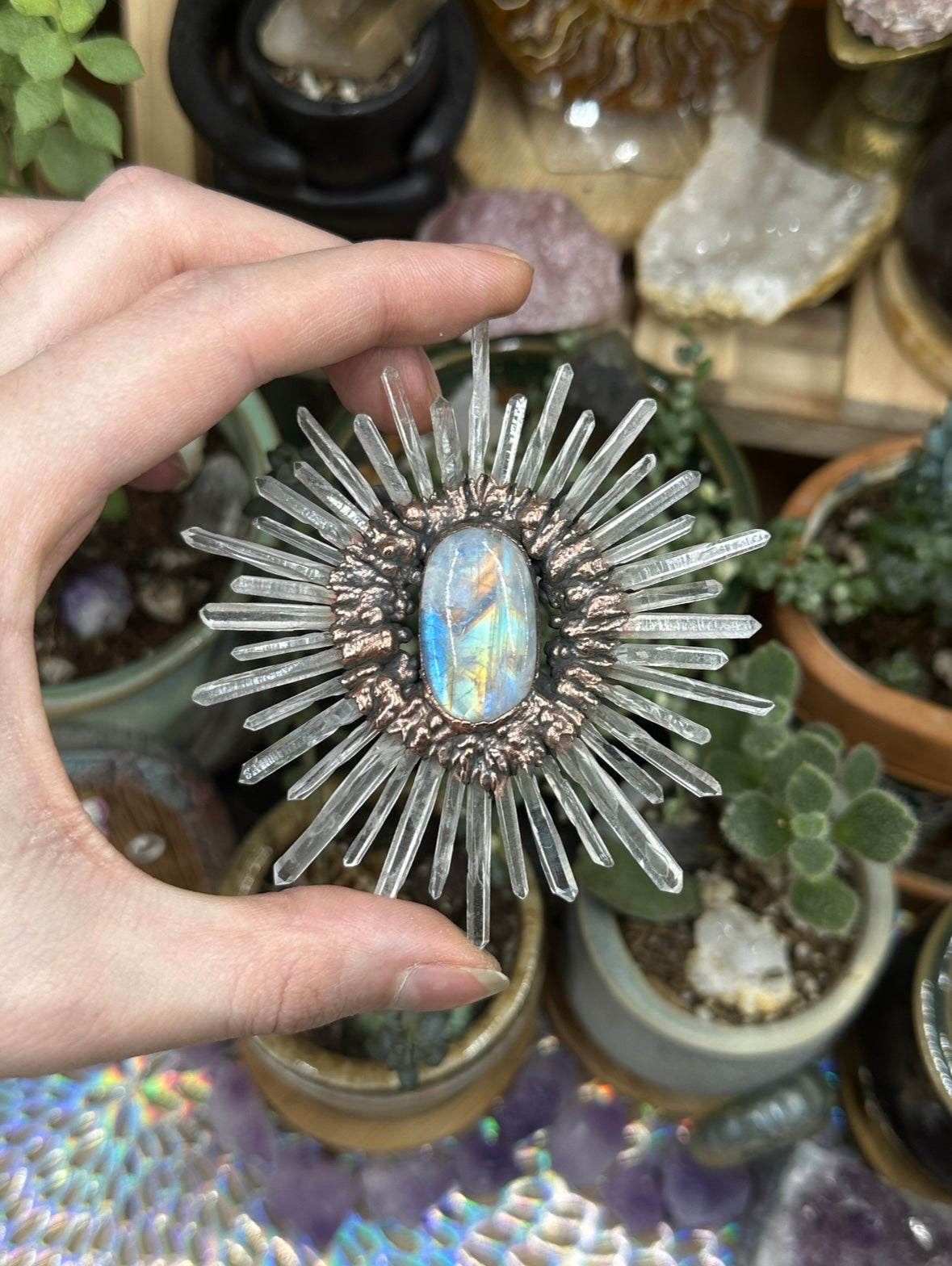 Moonstone and Quartz point amulet