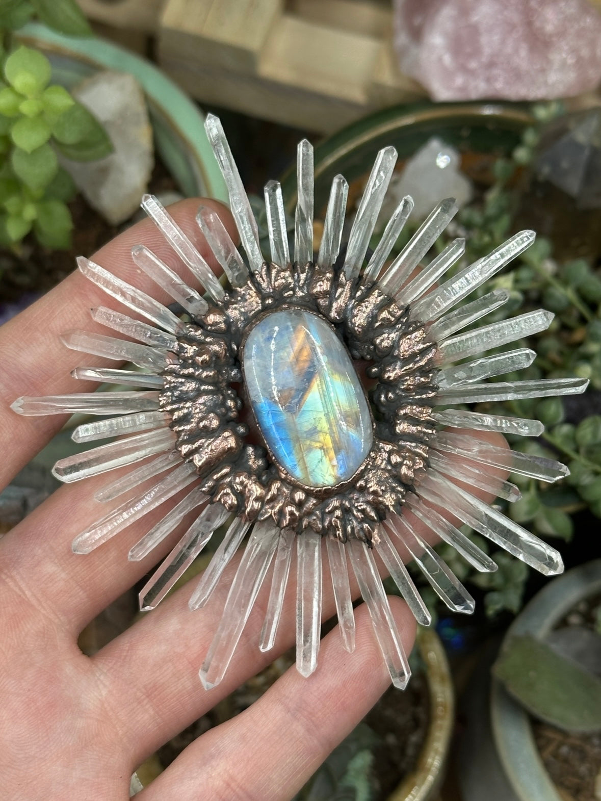 Moonstone and Quartz point amulet
