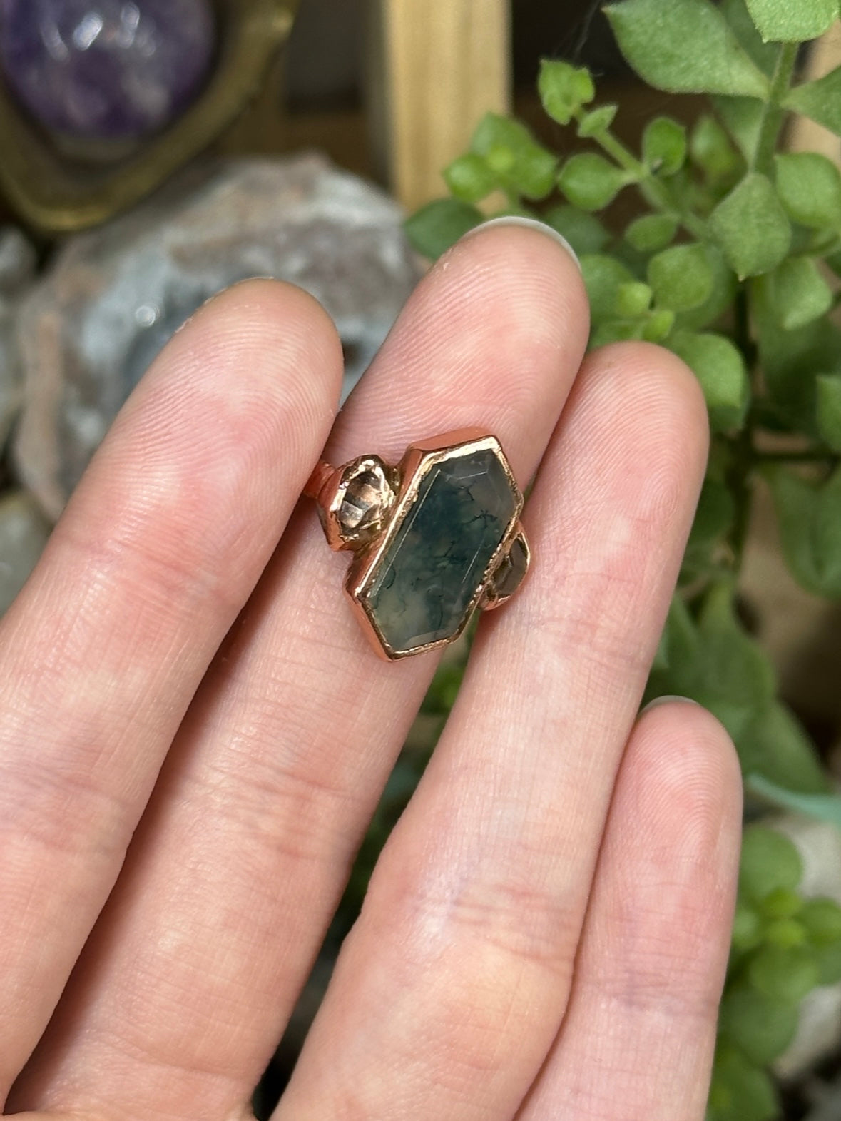Moss Agate and Herkimer Diamond ring