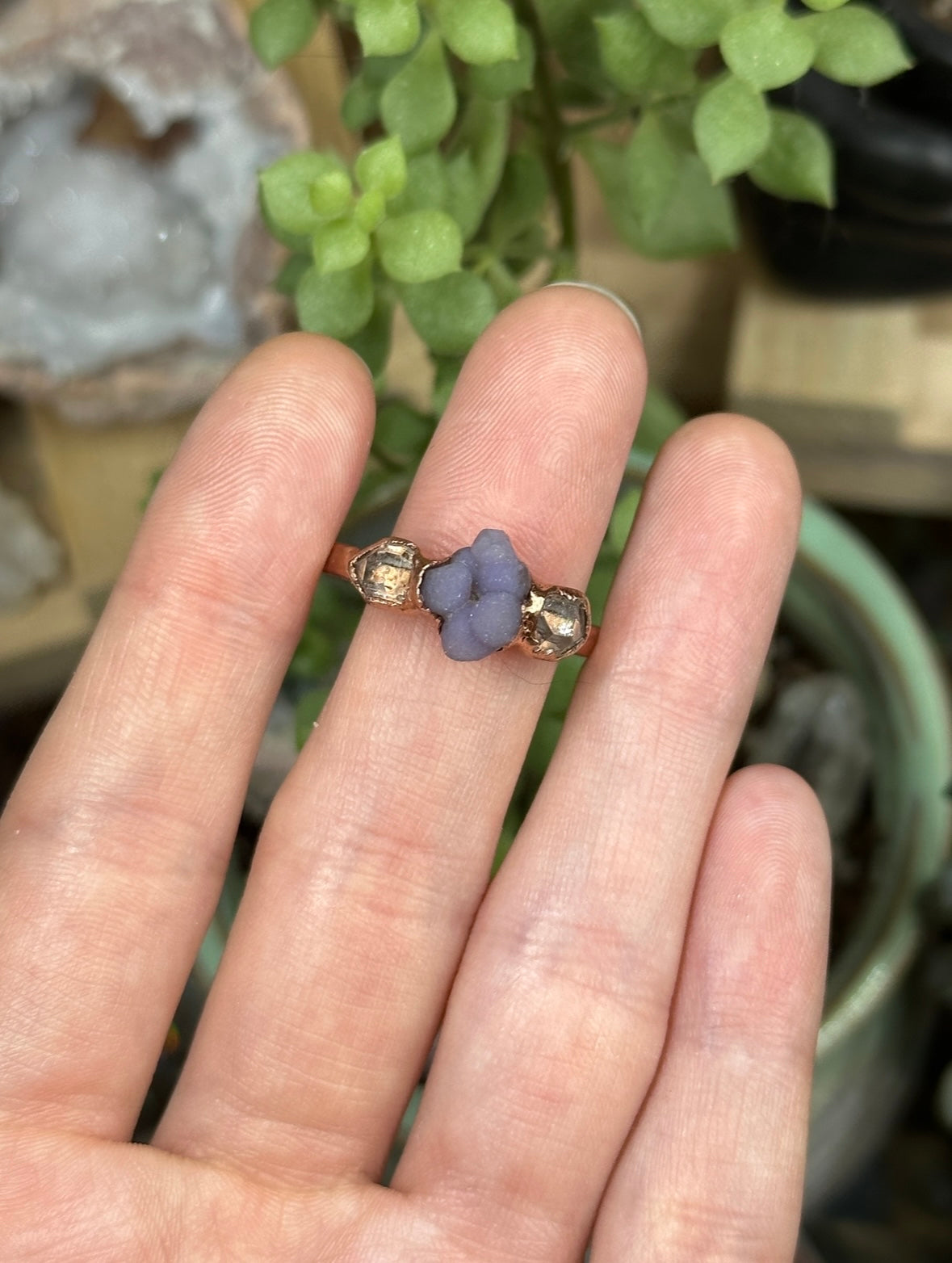 Grape Agate and Herkimer Diamond ring