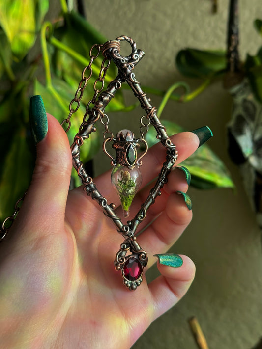 Emerald Ruby Rose Forest Terrarium Amulet