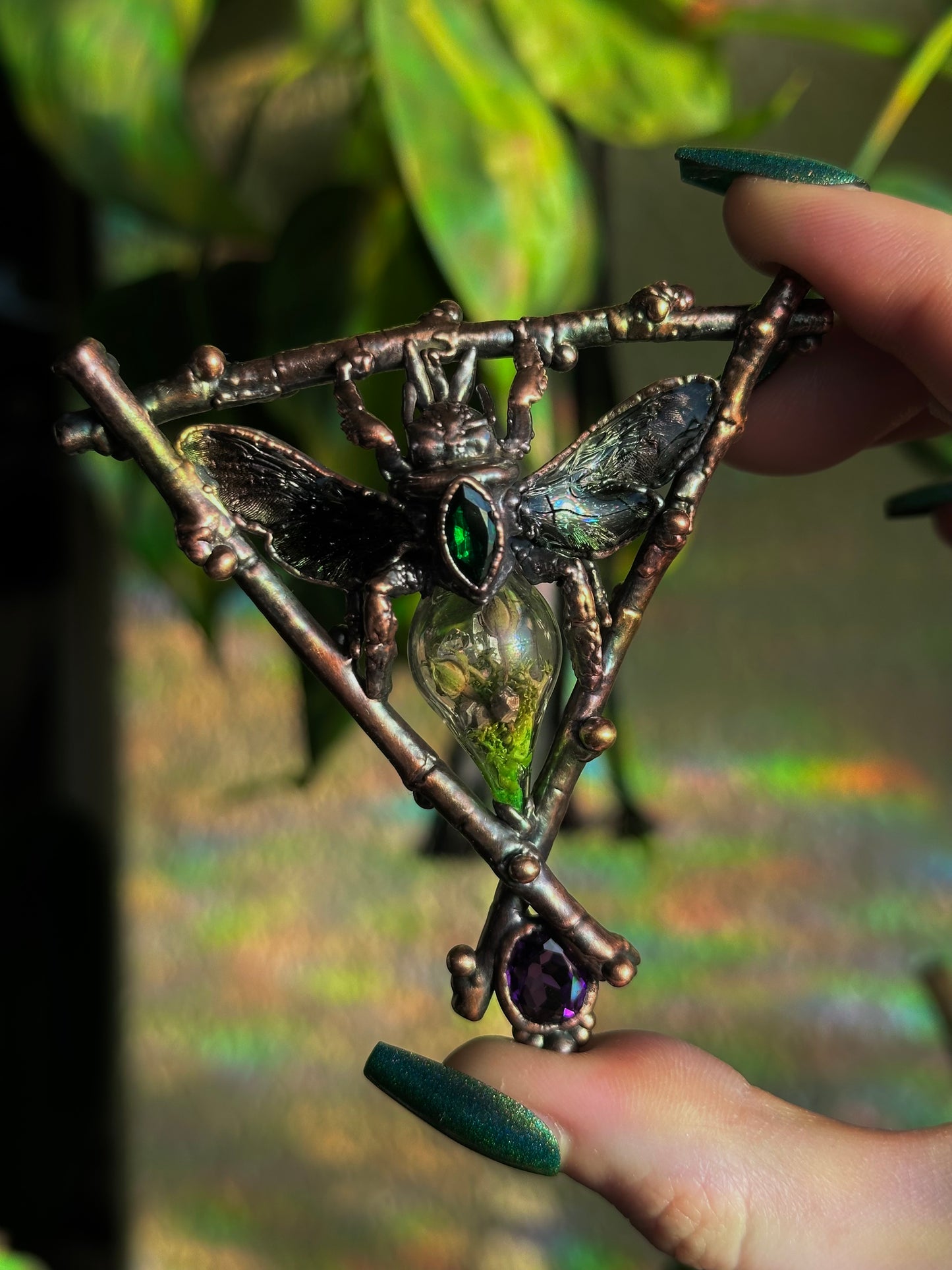 Carpenter Bee Terarrium Amulet (Emerald and Amethyst)