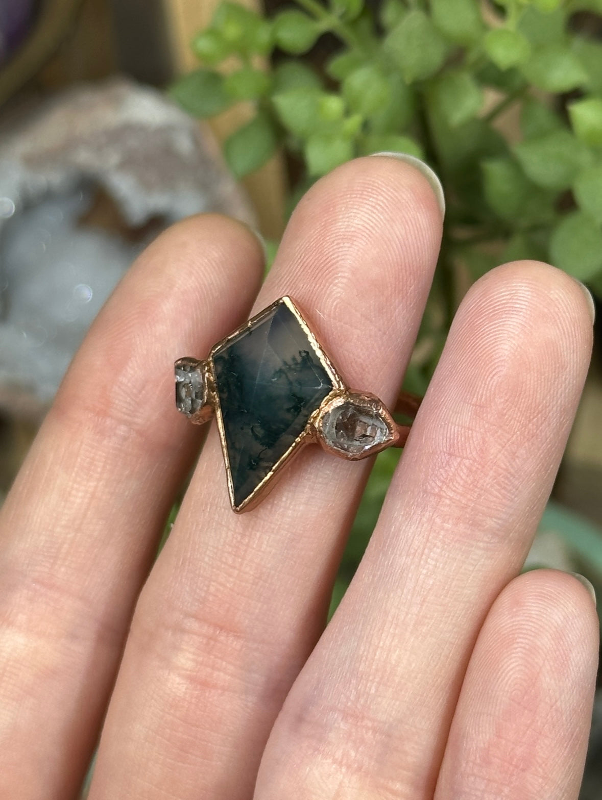 Moss Agate and Herkimer Diamond ring