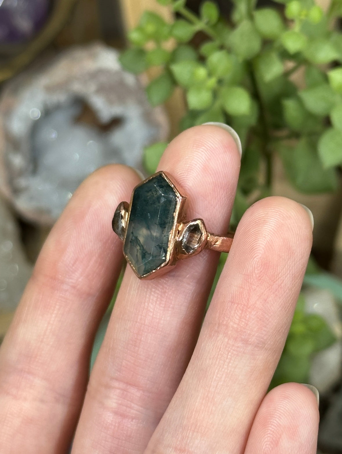 Moss Agate and Herkimer Diamond ring