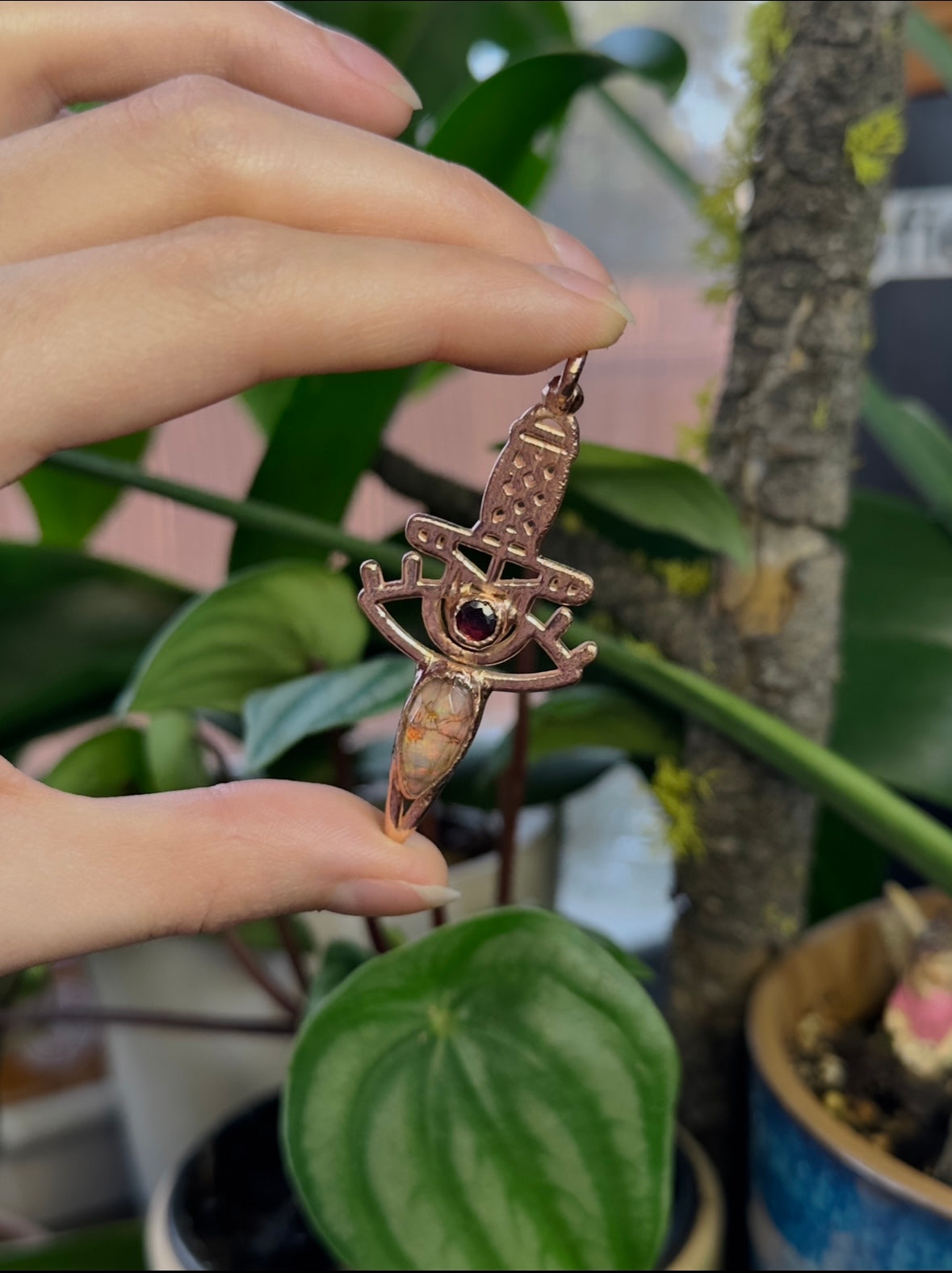 Garnet and Sterling Opal Copper Dagger Pendant
