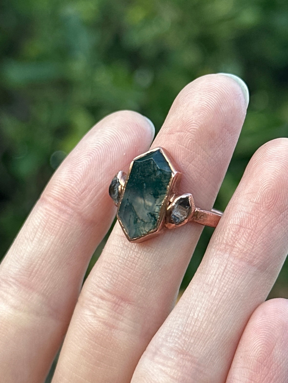 Moss Agate and Herkimer Diamond ring