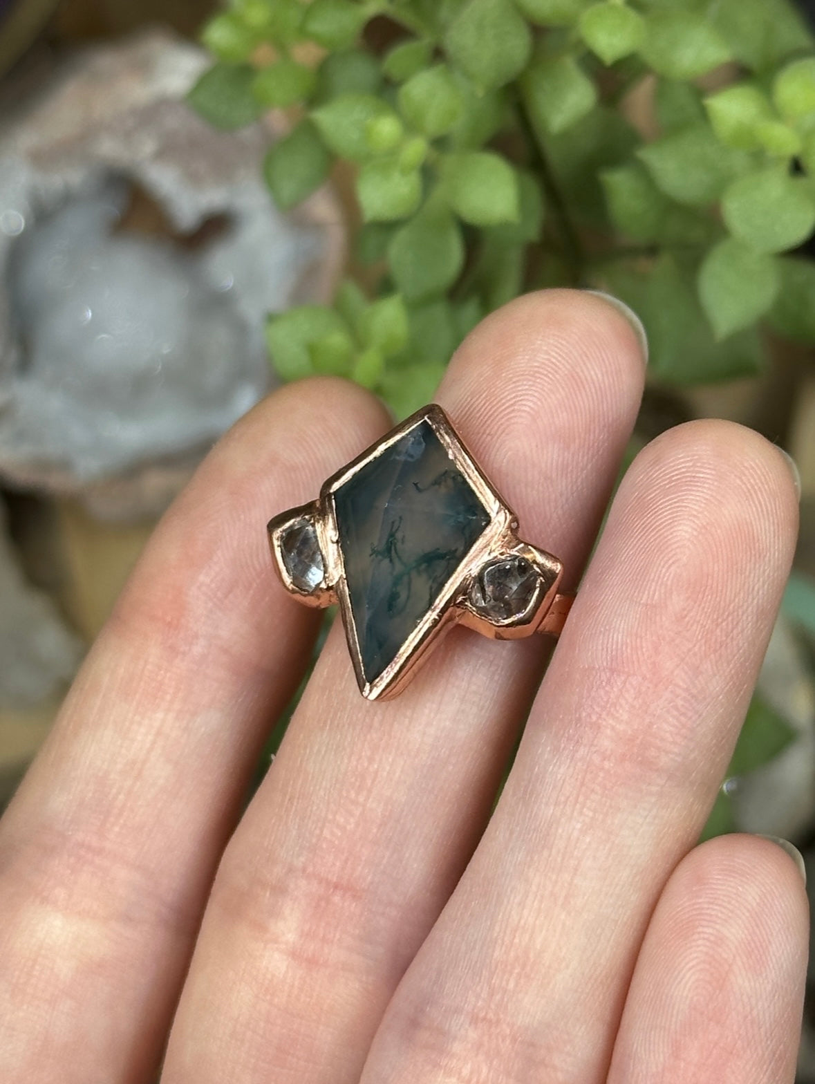 Moss Agate and Herkimer Diamond ring