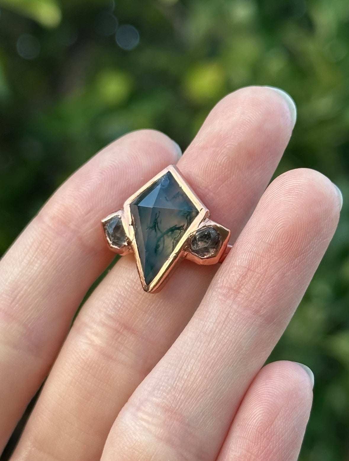 Moss Agate and Herkimer Diamond ring