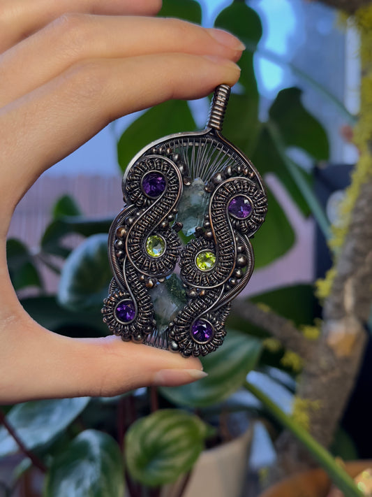 Moss Agate, Peridot, and Amethyst Amulet