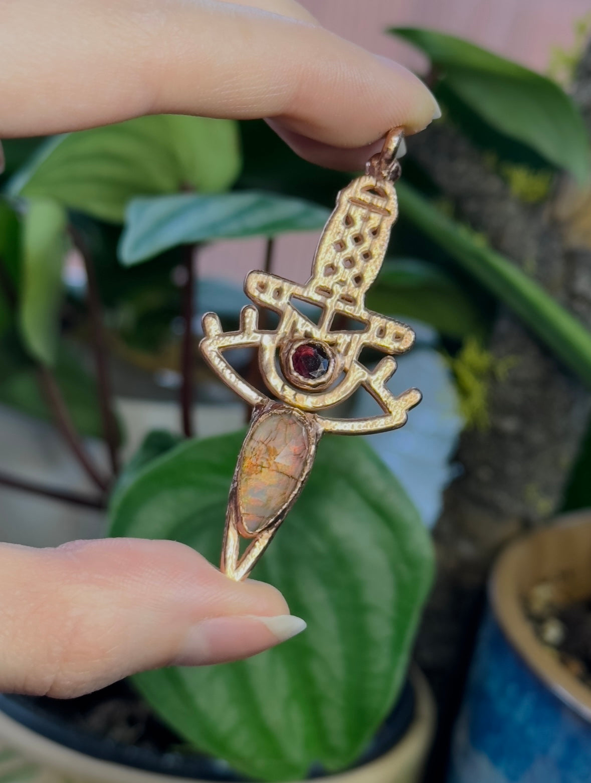 Garnet and Sterling Opal Copper Dagger Pendant
