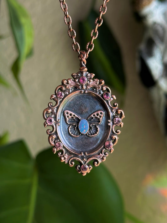 Opal Butterfly Antique Frame Pendant