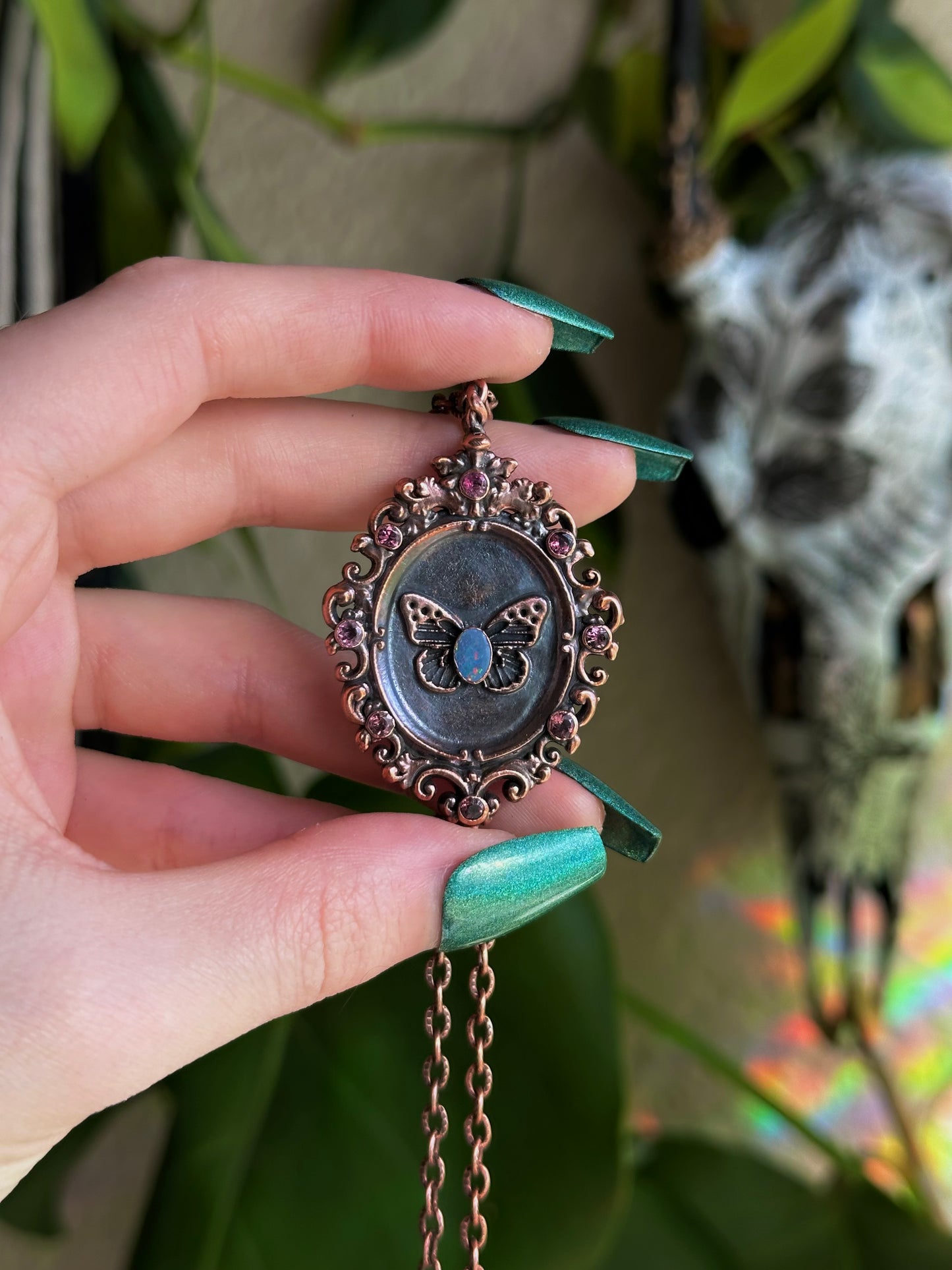 Opal Butterfly Antique Frame Pendant