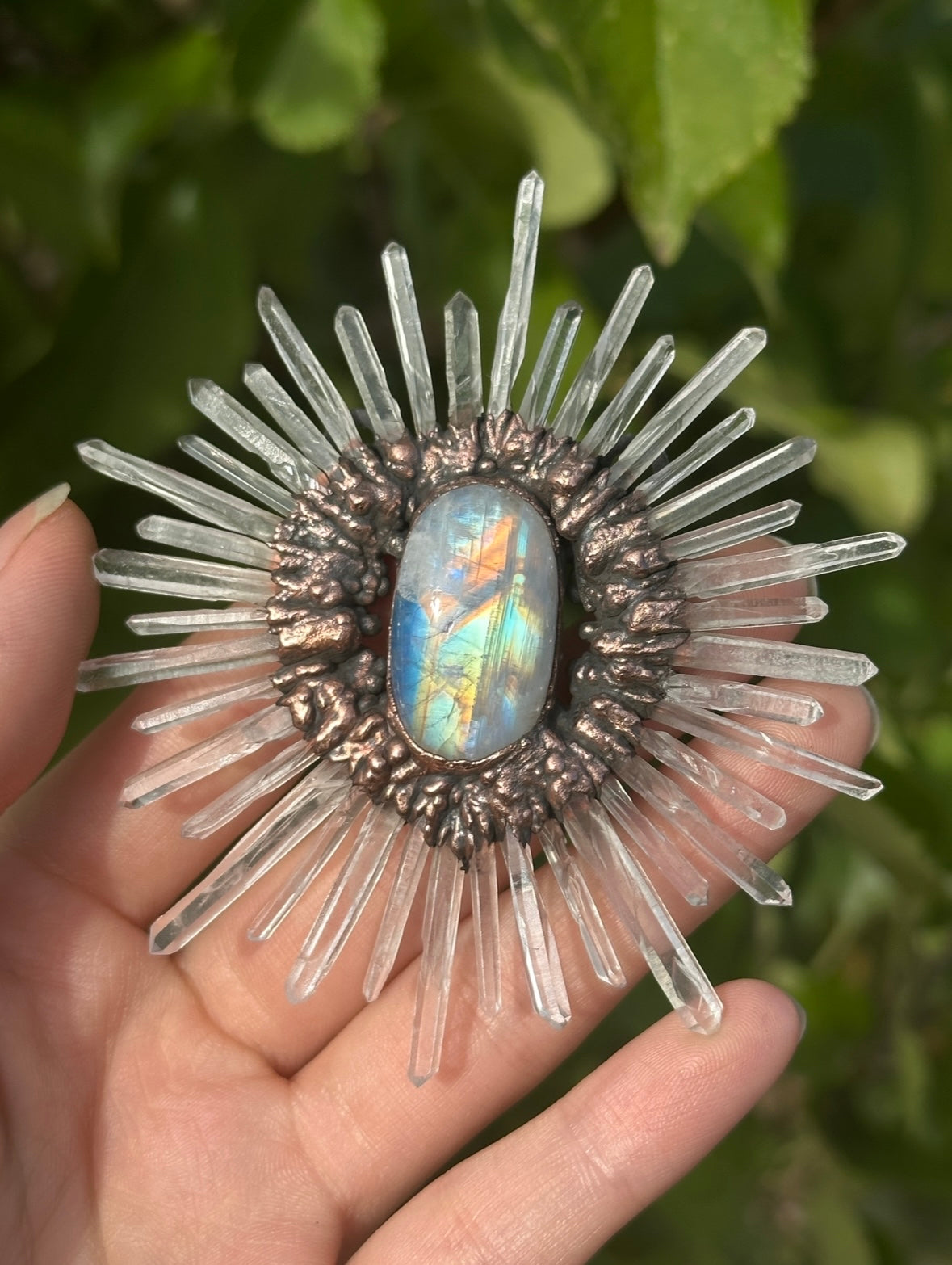 Moonstone and Quartz point amulet