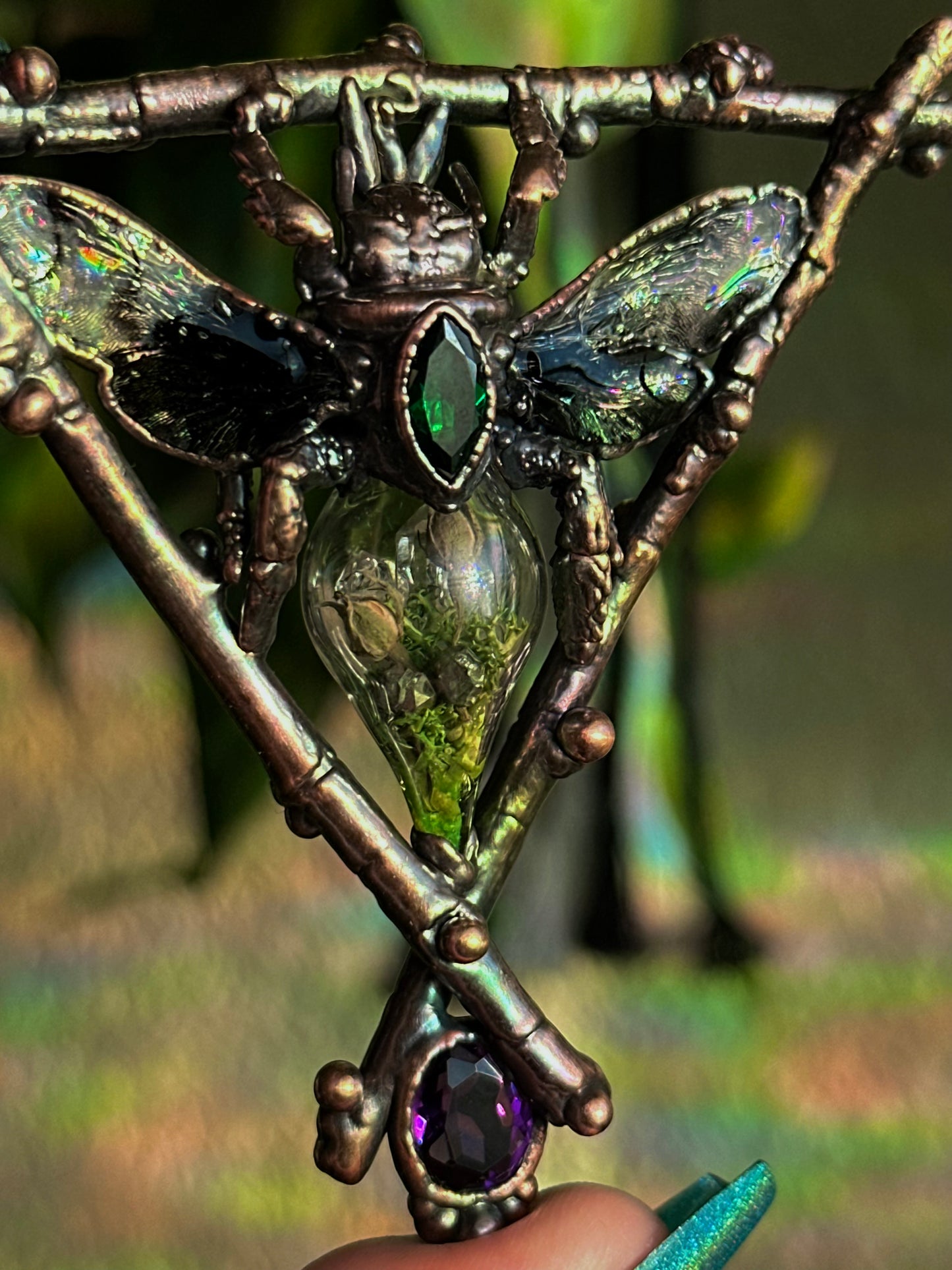 Carpenter Bee Terarrium Amulet (Emerald and Amethyst)