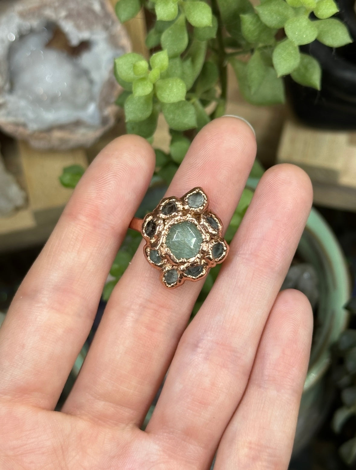 Amazonite, Golden Rutilated Quartz, and Herkimer Diamond ring