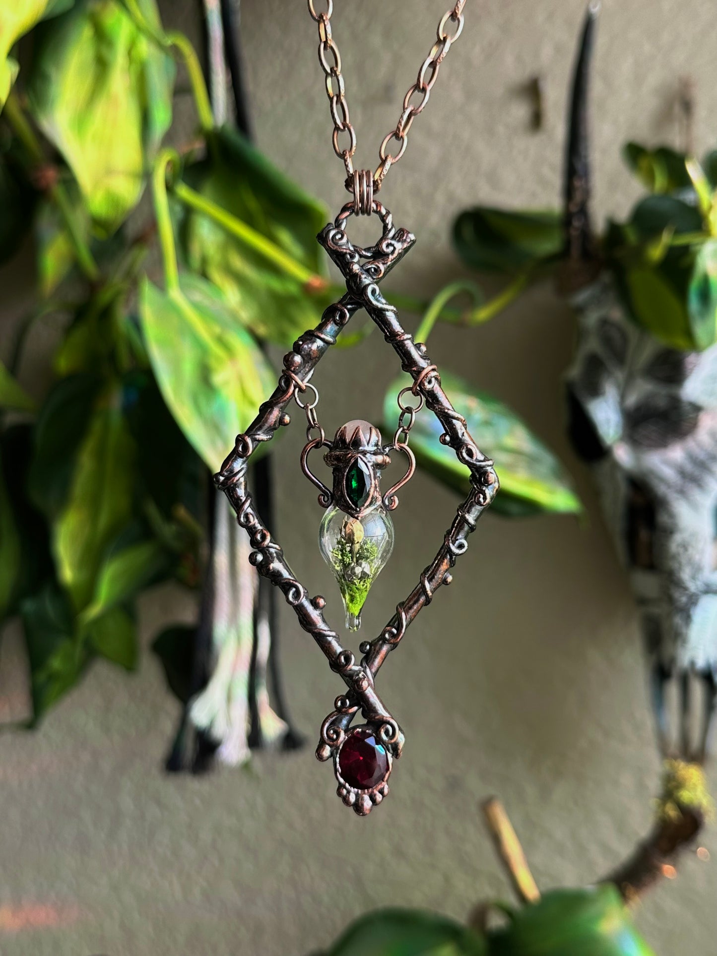 Emerald Ruby Rose Forest Terrarium Amulet