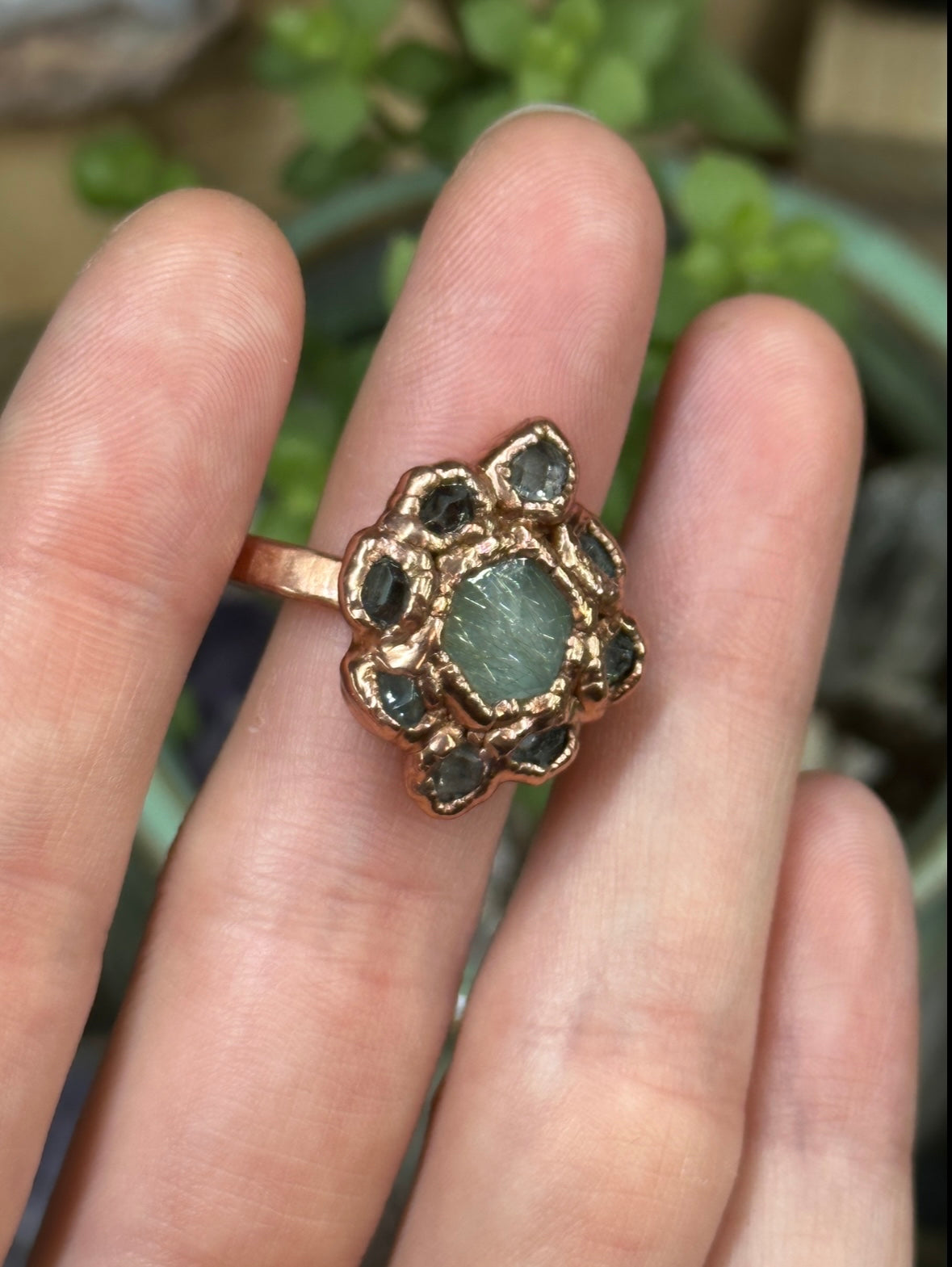Amazonite, Golden Rutilated Quartz, and Herkimer Diamond ring