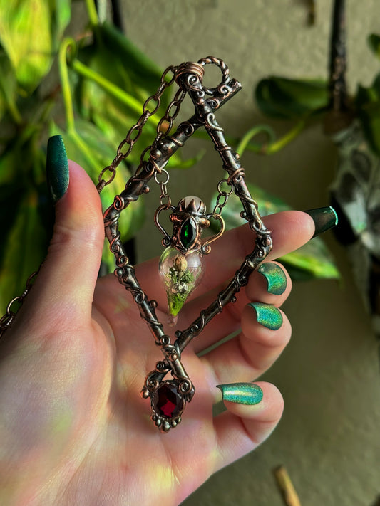 Emerald Ruby Rose Forest Terrarium Amulet